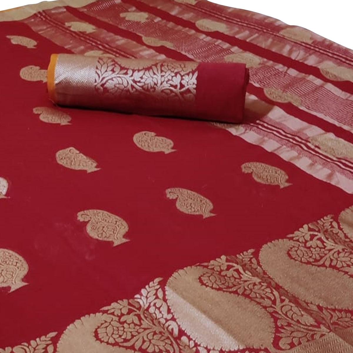 Jazzy Maroon Colored Festive Wear Woven Linen Saree - Peachmode