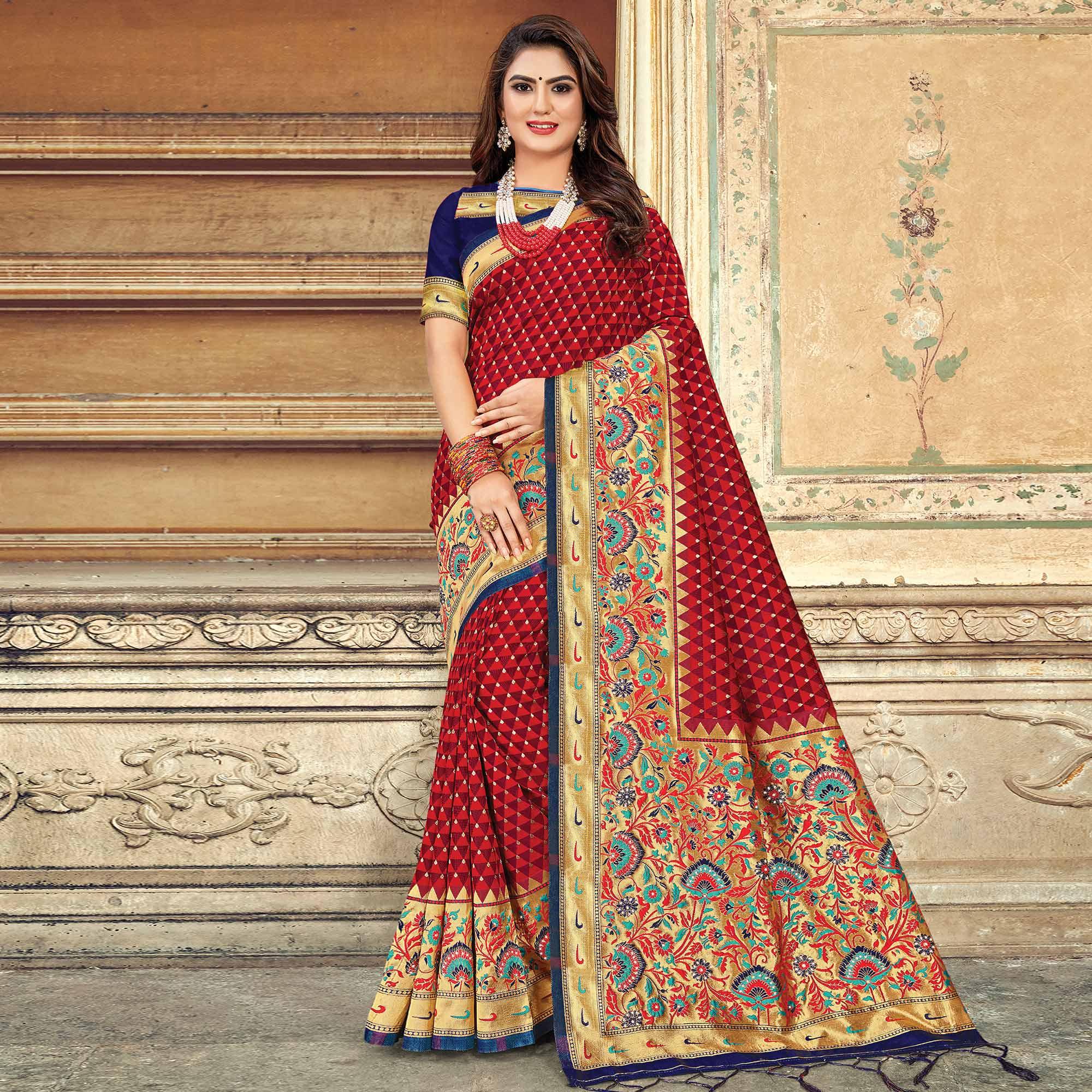 Jazzy Maroon Colored Festive Wear Woven Silk Saree - Peachmode