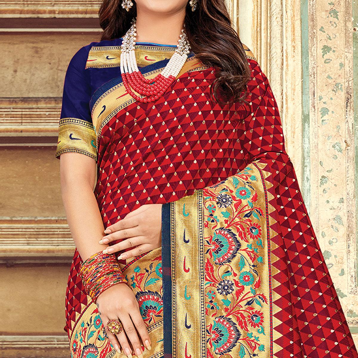 Jazzy Maroon Colored Festive Wear Woven Silk Saree - Peachmode