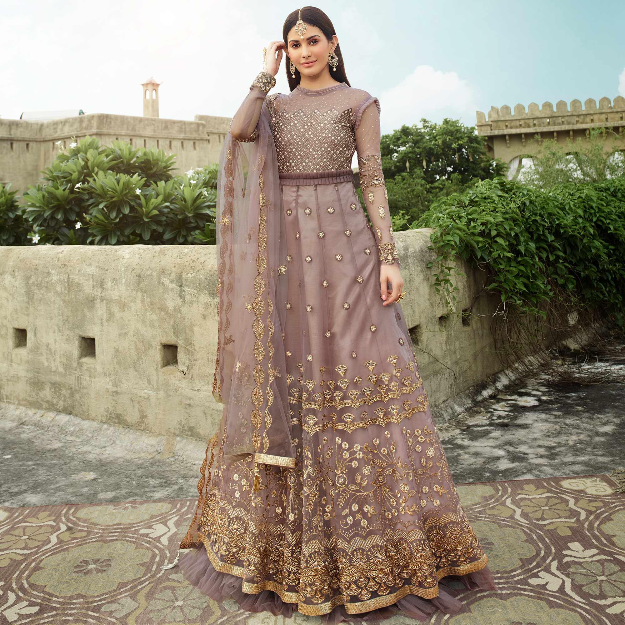 Jazzy Mauve Coloured Partywear Embroidered Net Anarkali Suit - Peachmode