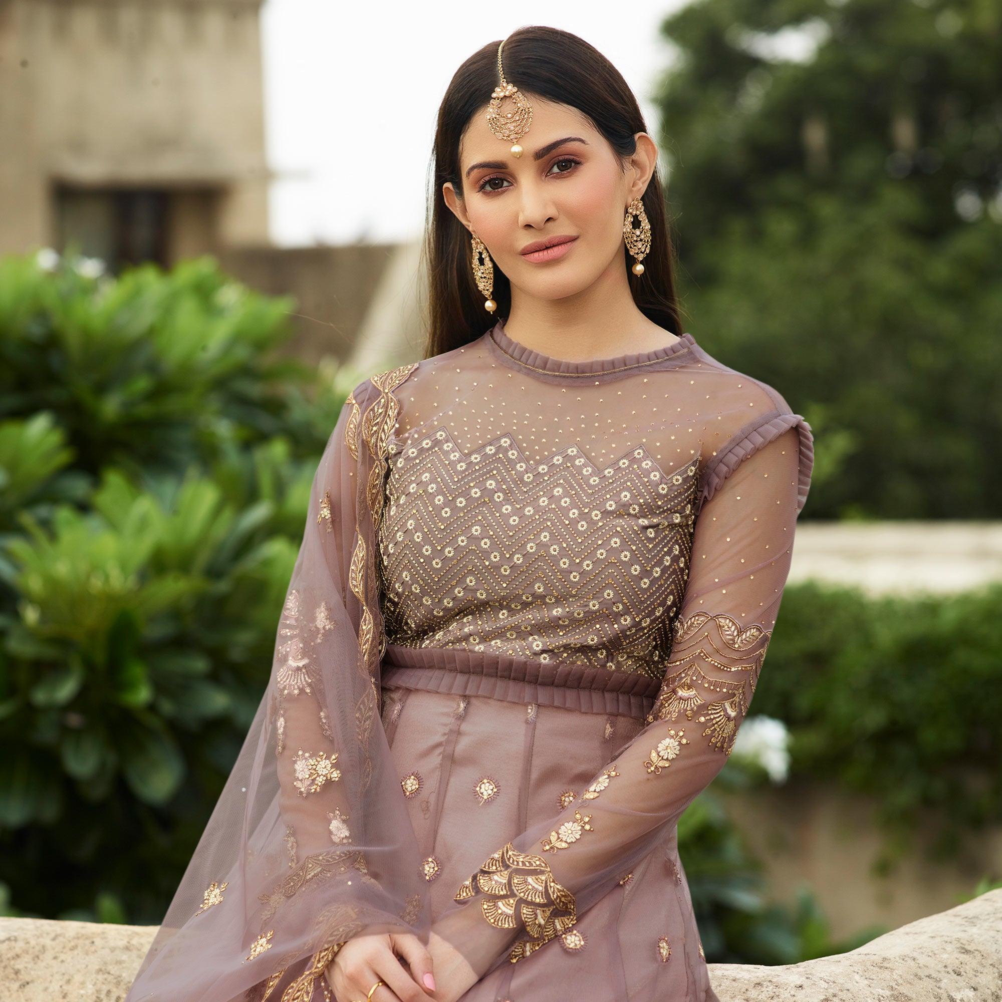 Jazzy Mauve Coloured Partywear Embroidered Net Anarkali Suit - Peachmode