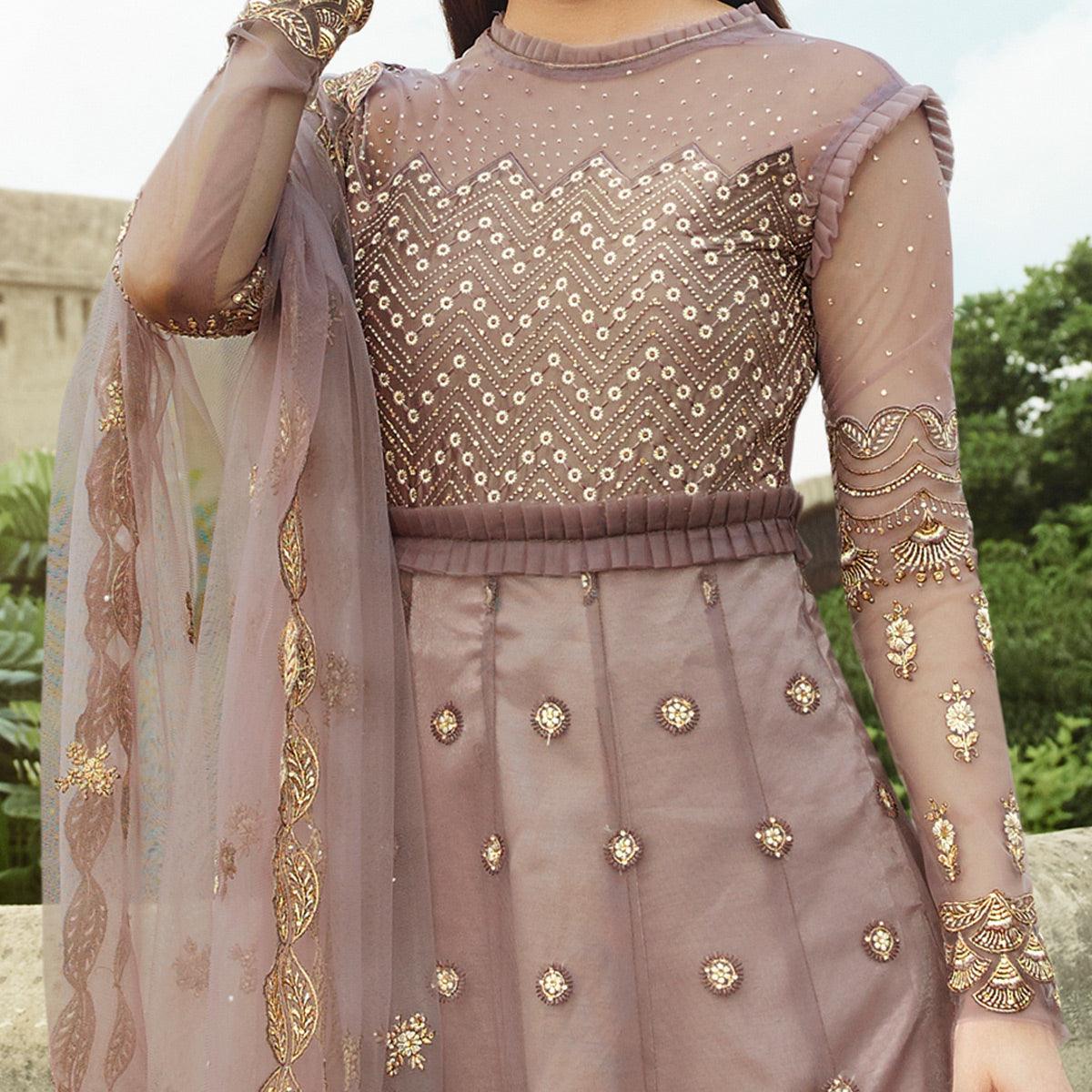 Jazzy Mauve Coloured Partywear Embroidered Net Anarkali Suit - Peachmode