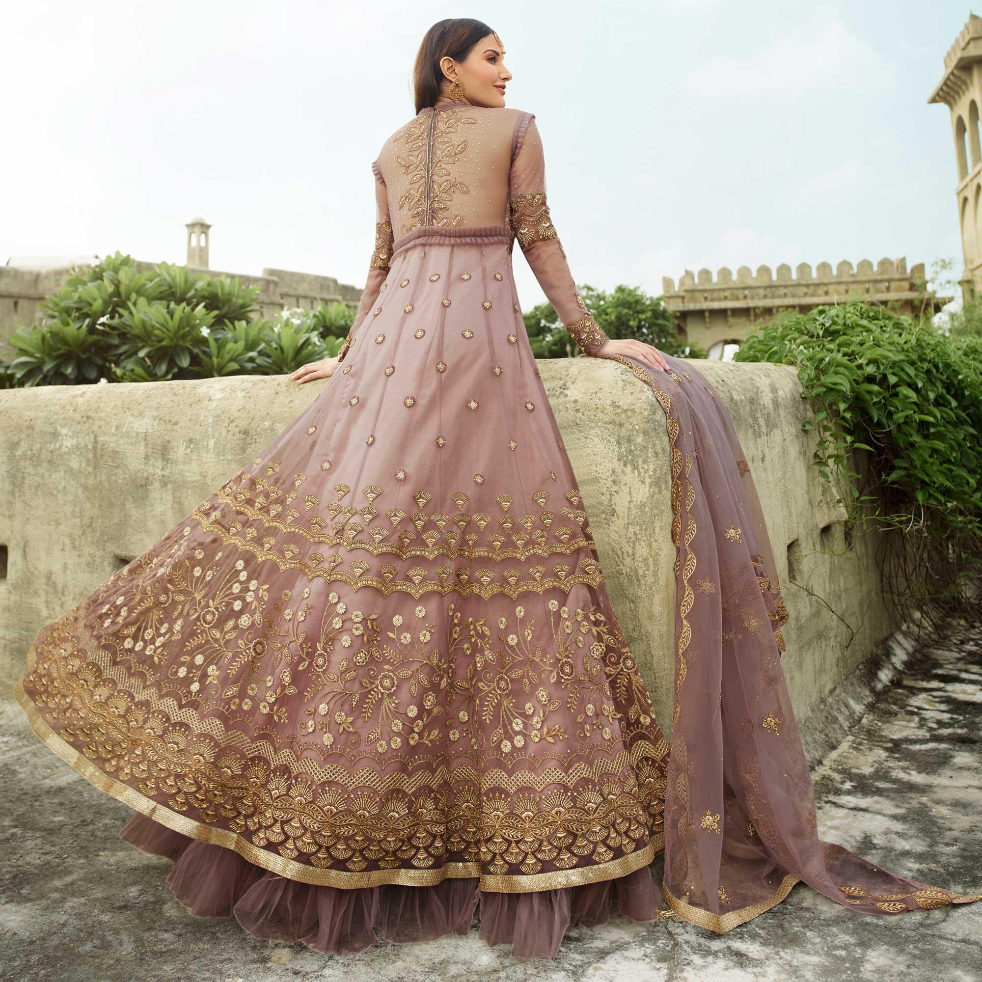Jazzy Mauve Coloured Partywear Embroidered Net Anarkali Suit - Peachmode