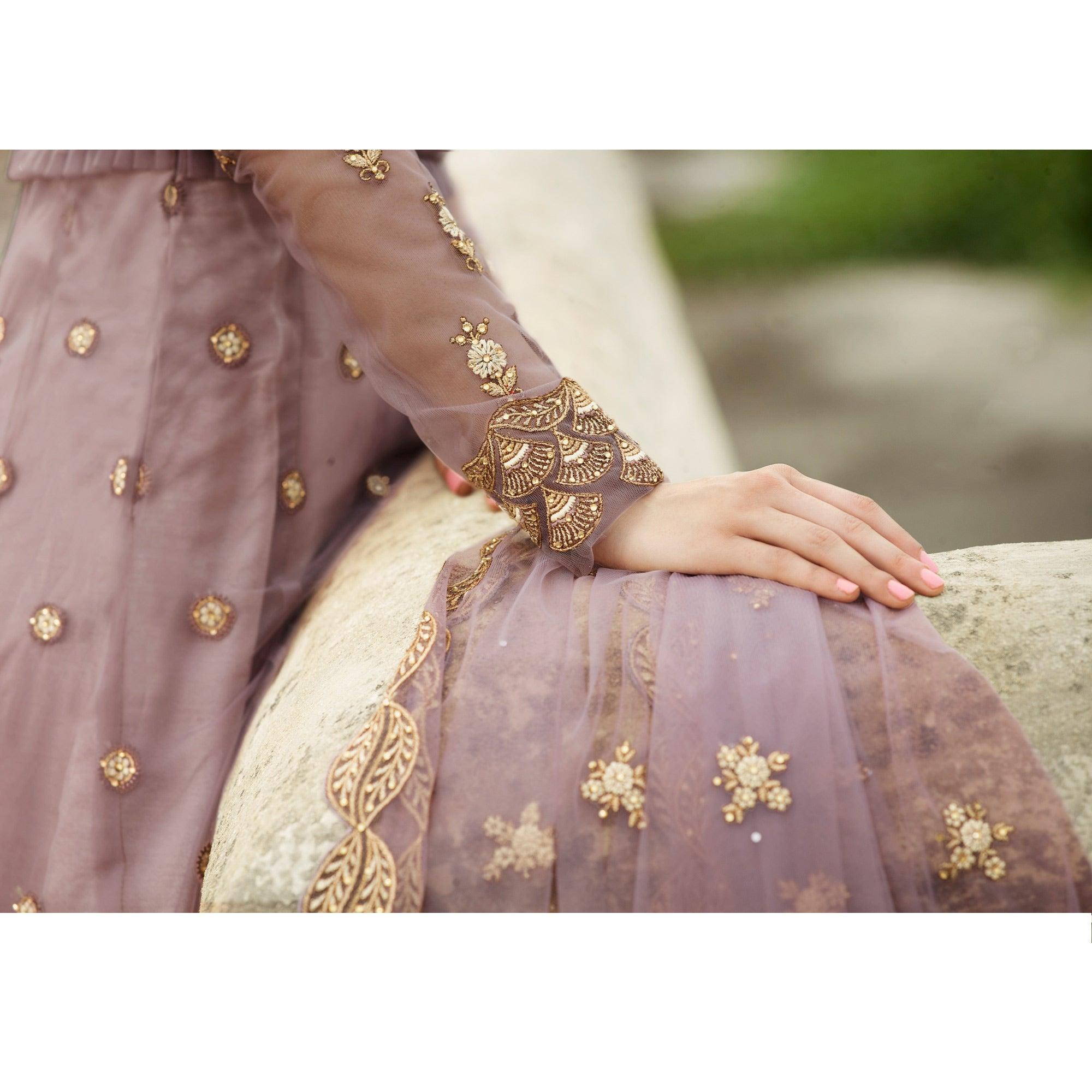Jazzy Mauve Coloured Partywear Embroidered Net Anarkali Suit - Peachmode