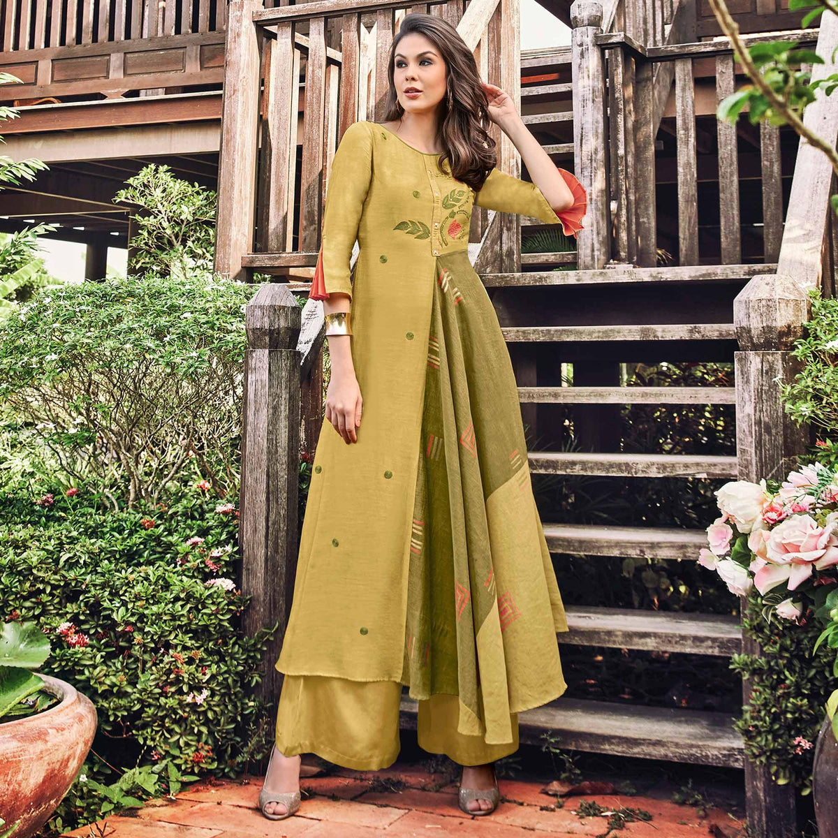 Shop Light Mehndi Dyeable Silk Mirror Work Kurta Pyjama Party Wear Online  at Best Price | Cbazaar