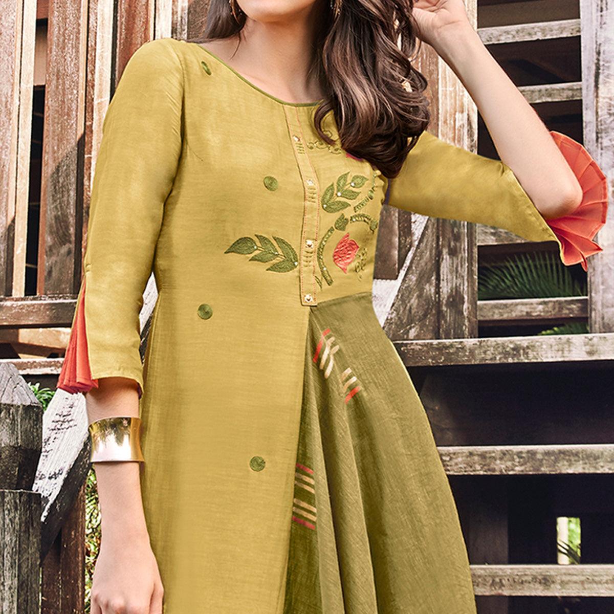 Jazzy Mehndi Green Colored Party Wear Printed Modal-Jacquard Long Kurti - Peachmode