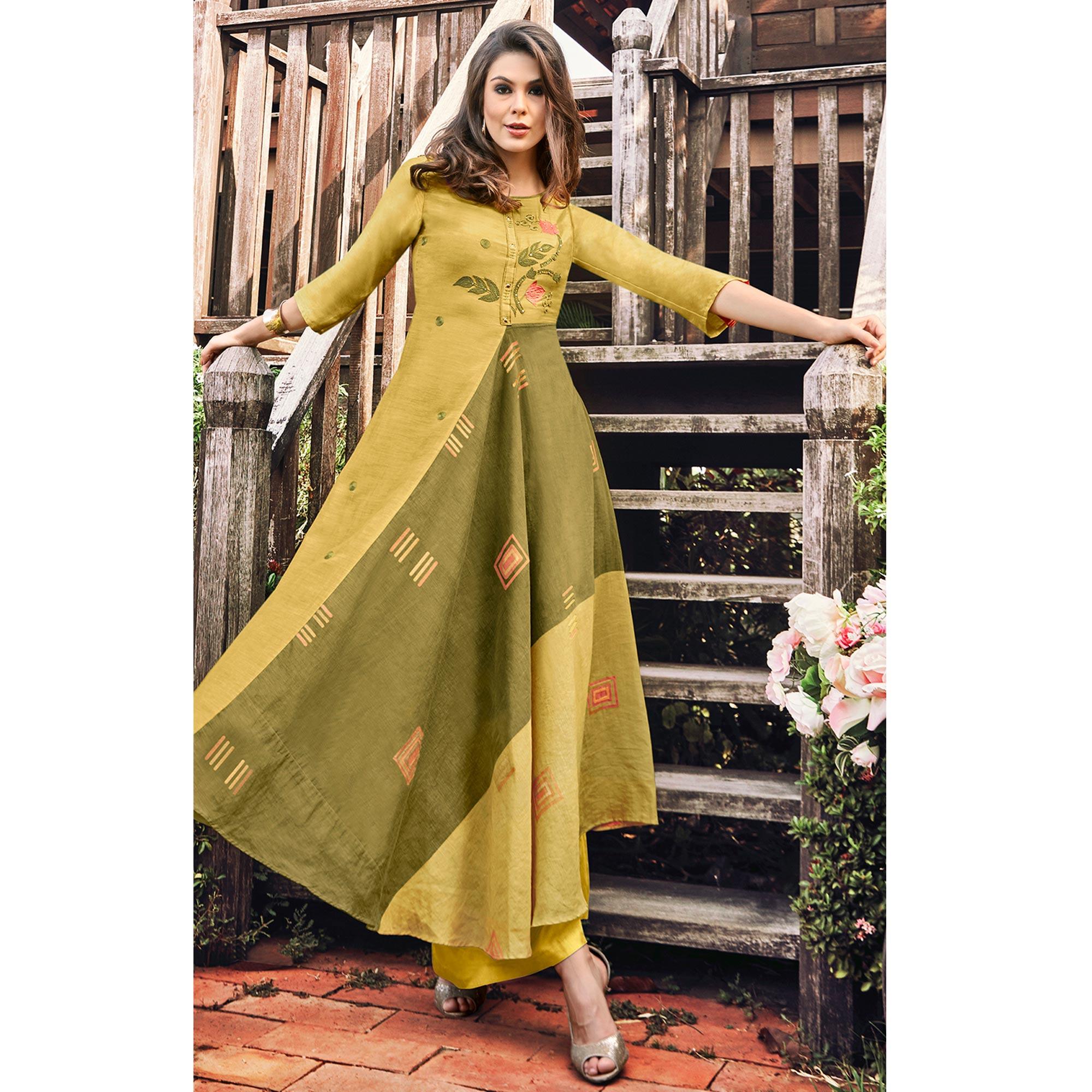Jazzy Mehndi Green Colored Party Wear Printed Modal-Jacquard Long Kurti - Peachmode