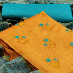 Jazzy Mustard Yellow Colored Casual Wear Embroidered Banarasi Cotton Dress Material - Peachmode