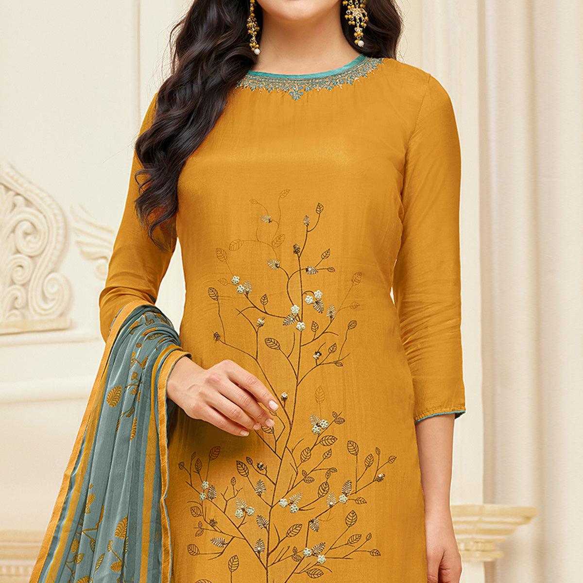 Jazzy Mustard Yellow Colored Casual Wear Embroidered Chanderi Dress Material - Peachmode