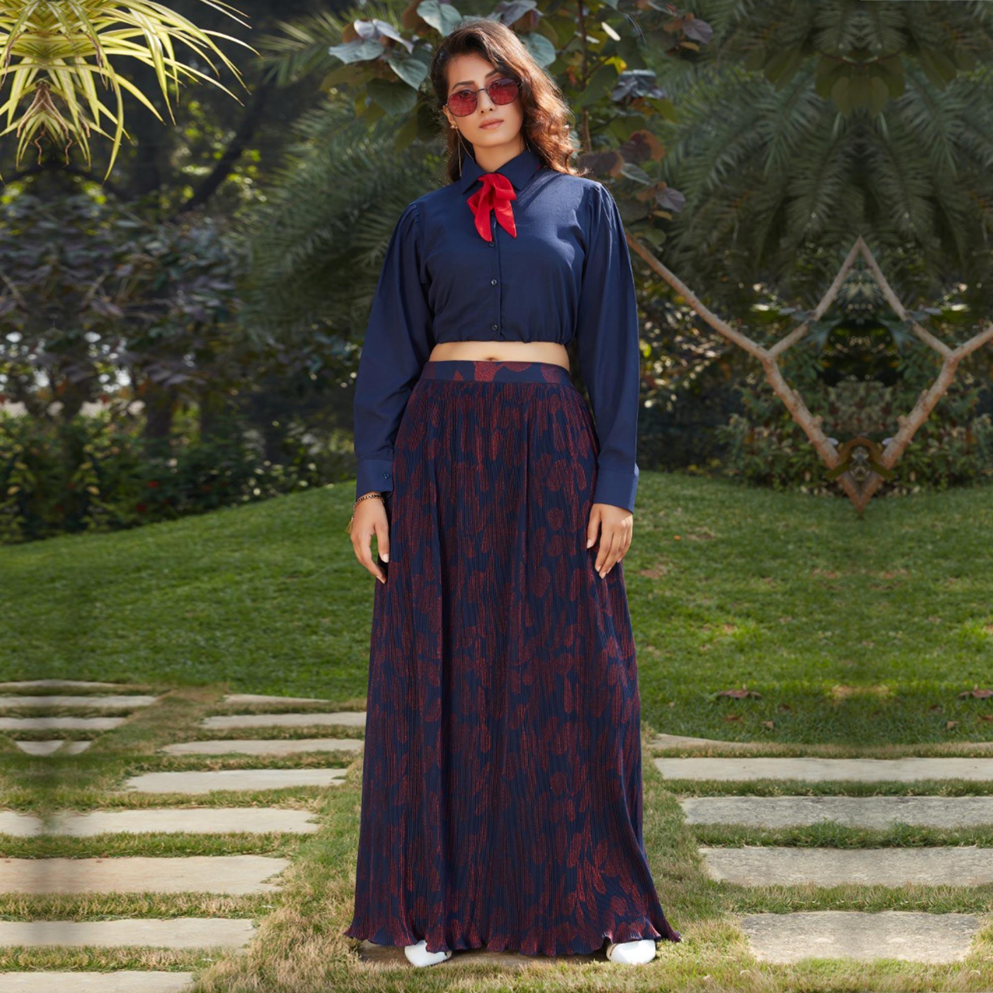 Jazzy Navy Blue Colored Casual Wear Printed Western Crop Top - Skirt Set - Peachmode