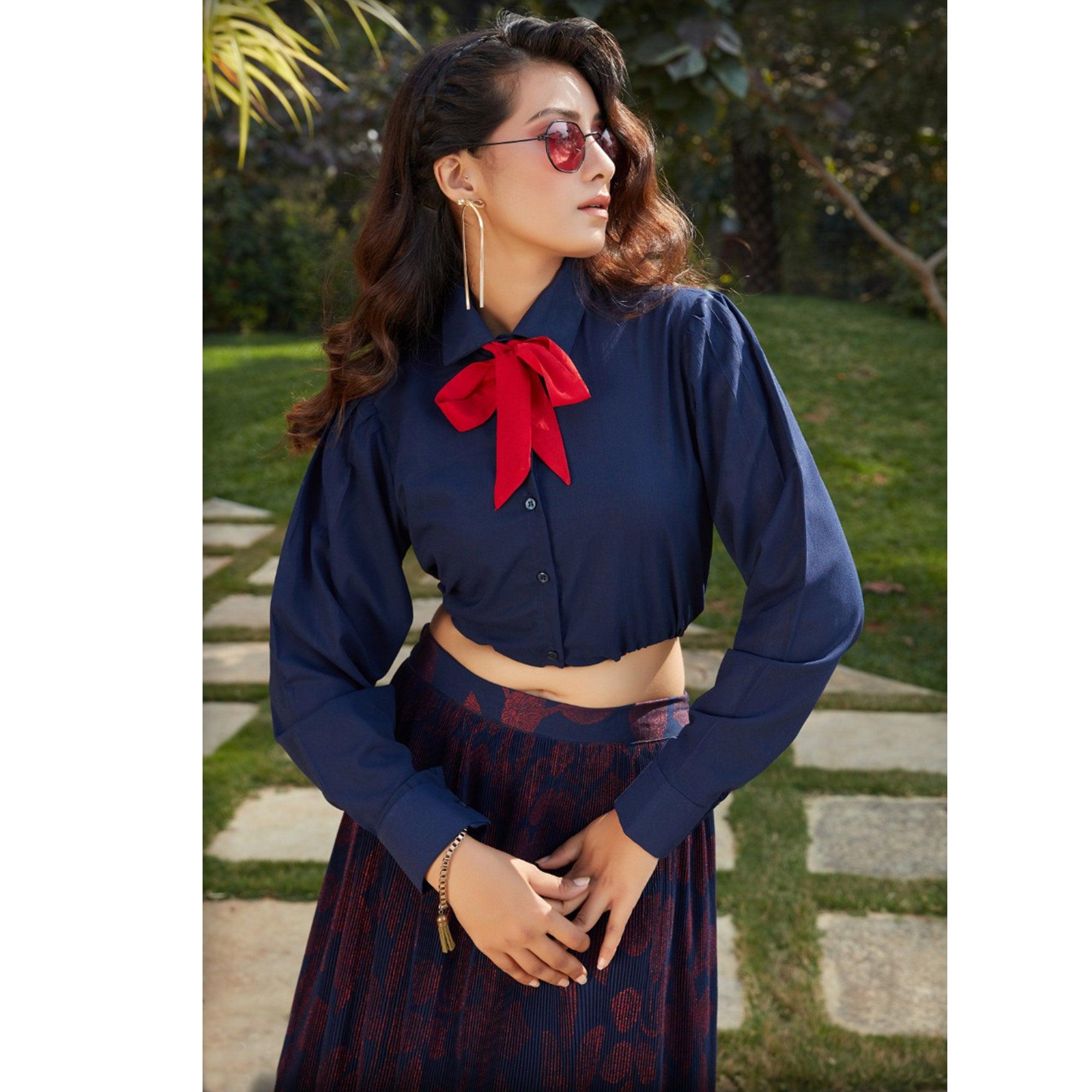 Jazzy Navy Blue Colored Casual Wear Printed Western Crop Top - Skirt Set - Peachmode