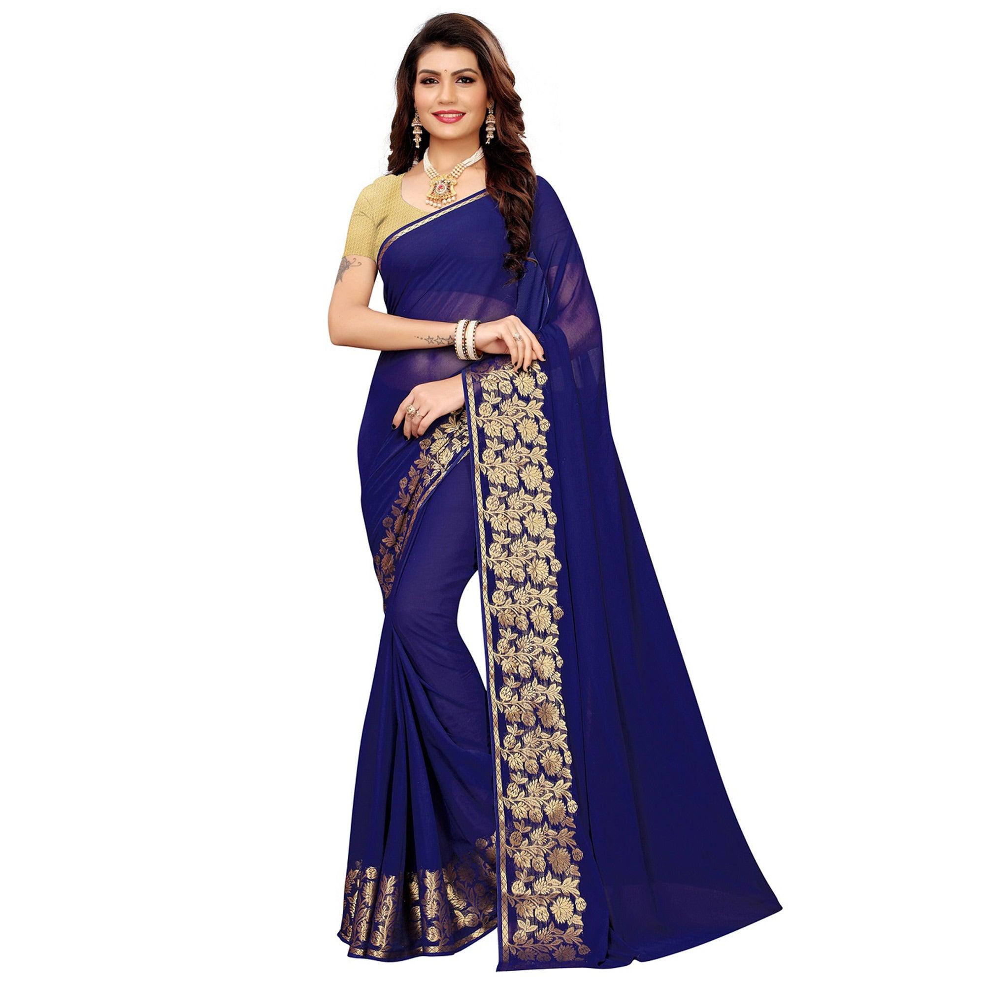 Jazzy Navy Blue Colored Casual Woven Georgette Saree - Peachmode
