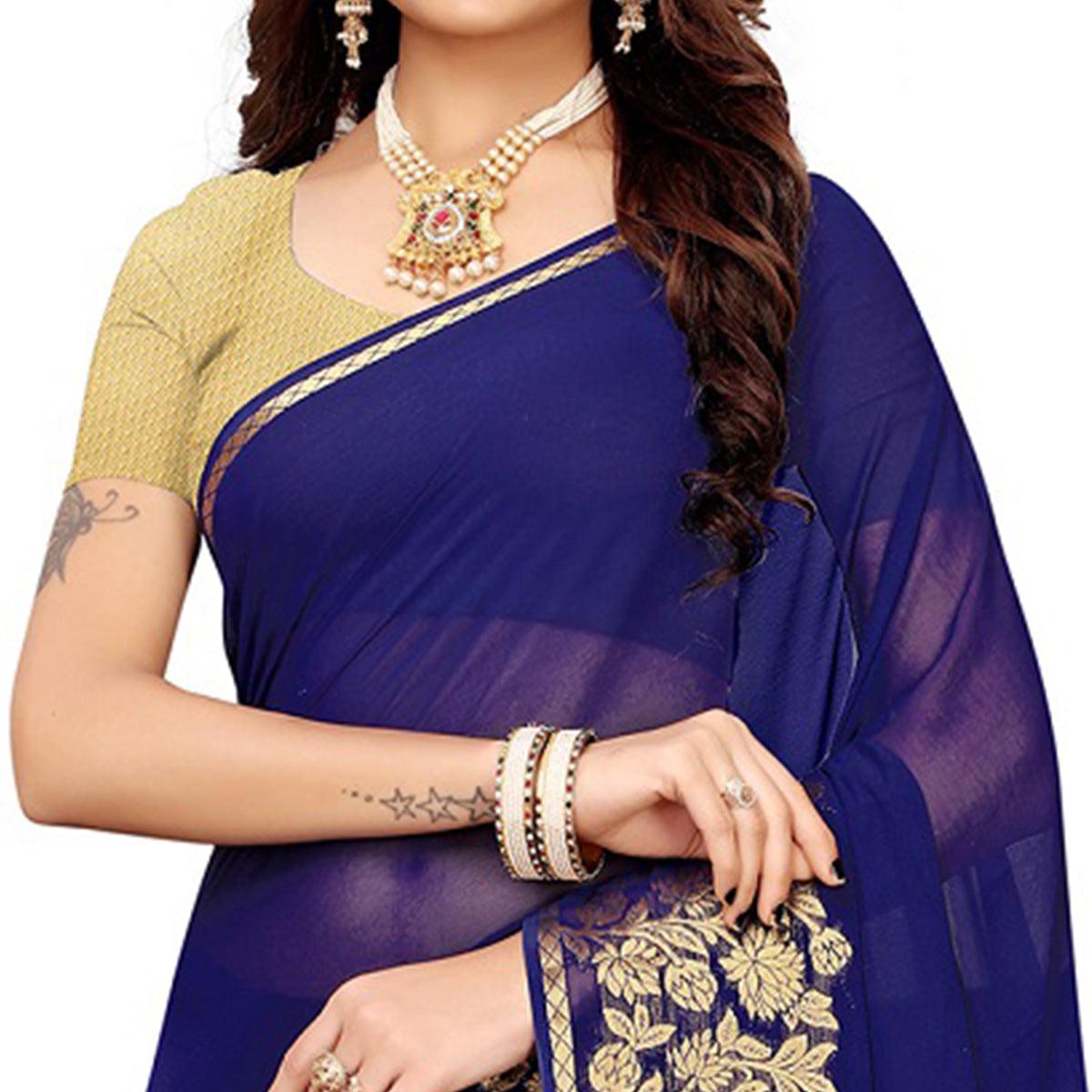 Jazzy Navy Blue Colored Casual Woven Georgette Saree - Peachmode