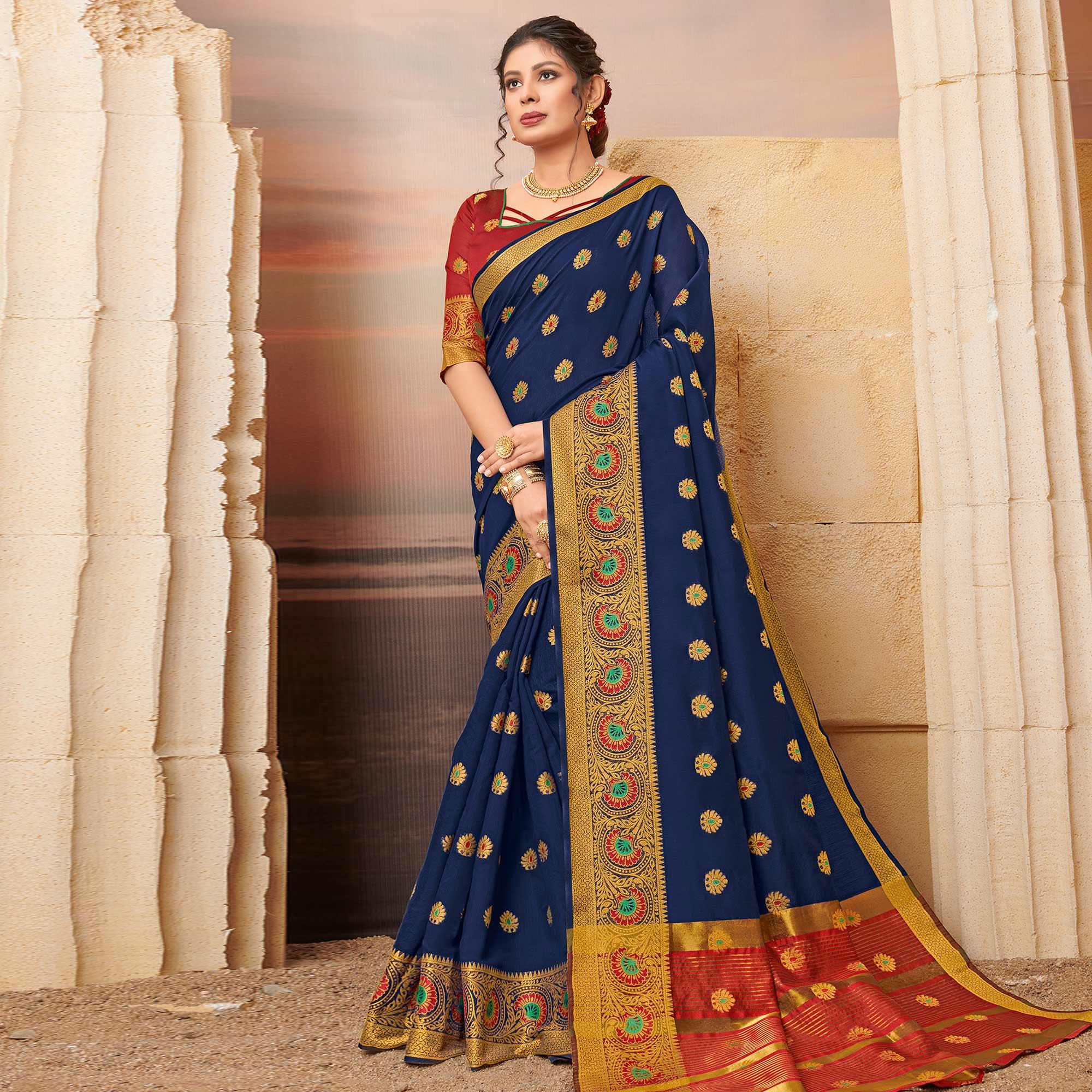 Jazzy Navy Blue Colored Festive Wear Woven Cotton Saree - Peachmode