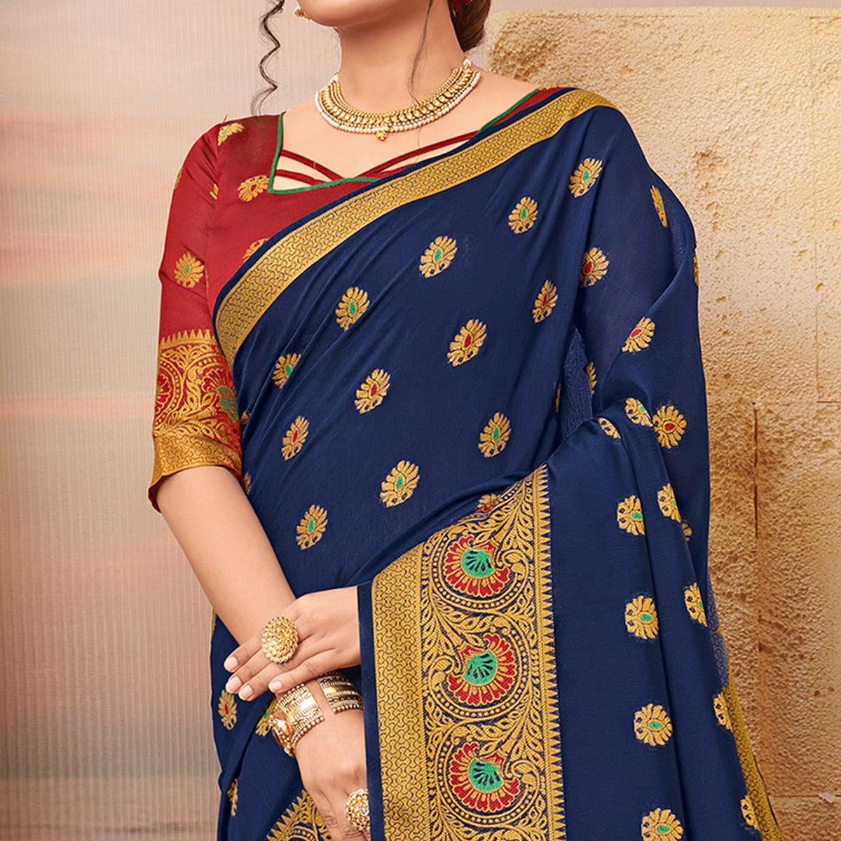 Jazzy Navy Blue Colored Festive Wear Woven Cotton Saree - Peachmode
