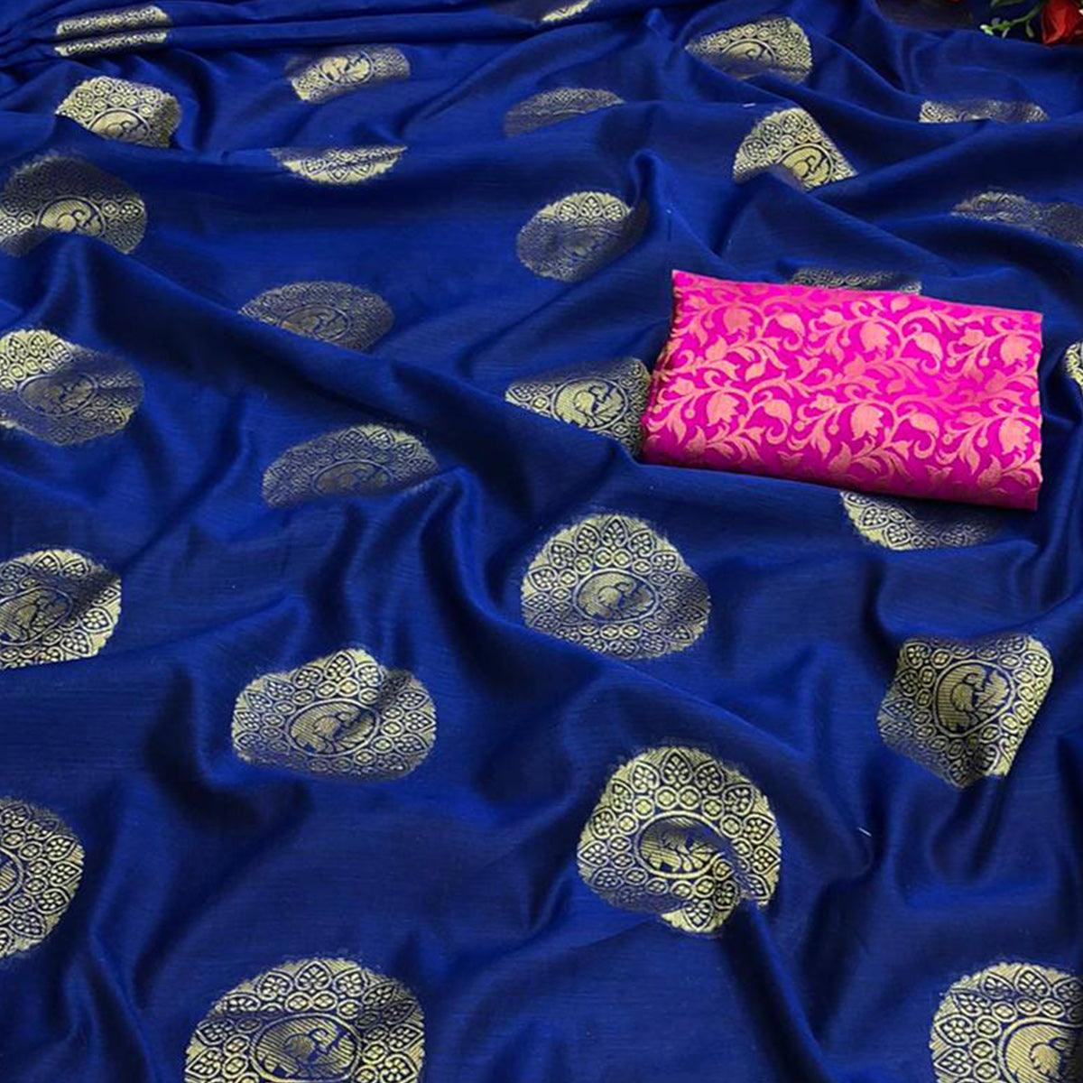 Jazzy Navy Blue Colored Festive Wear Woven Cotton Saree - Peachmode