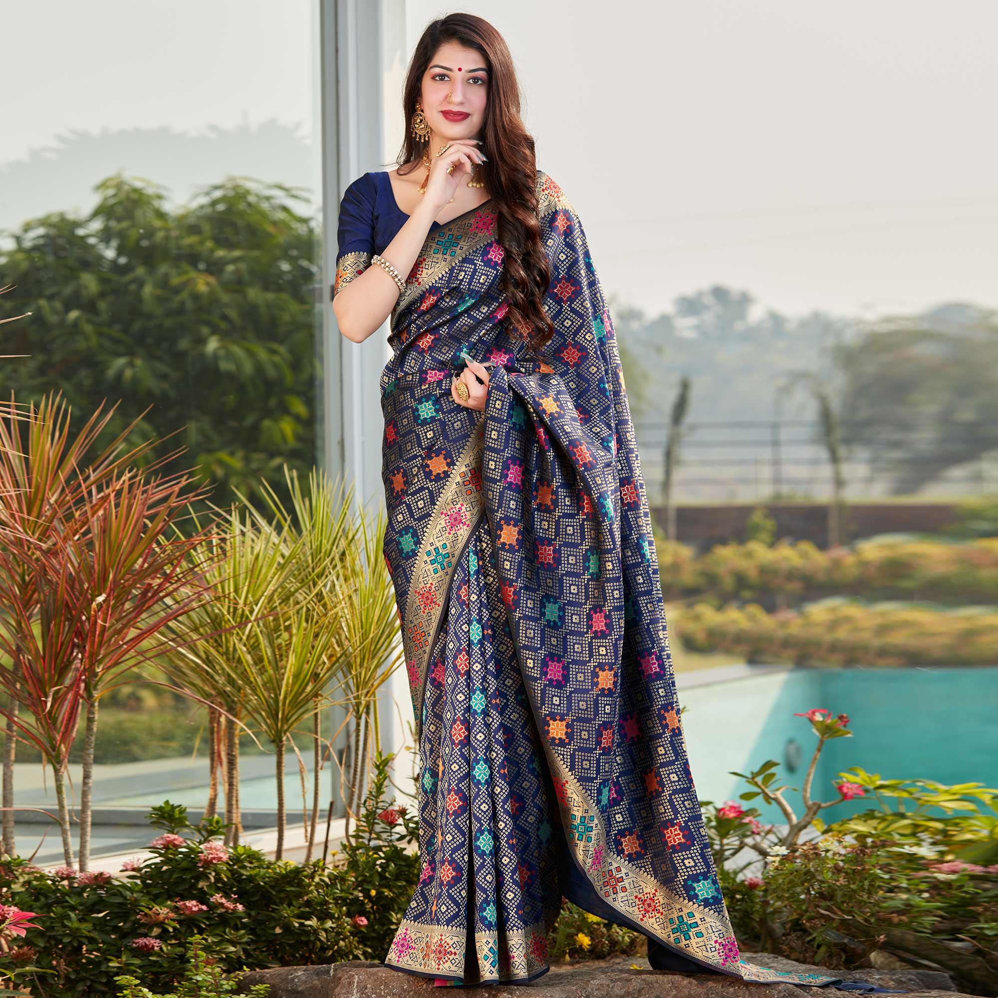 Jazzy Navy Blue Colored Festive Wear Woven Silk Saree - Peachmode