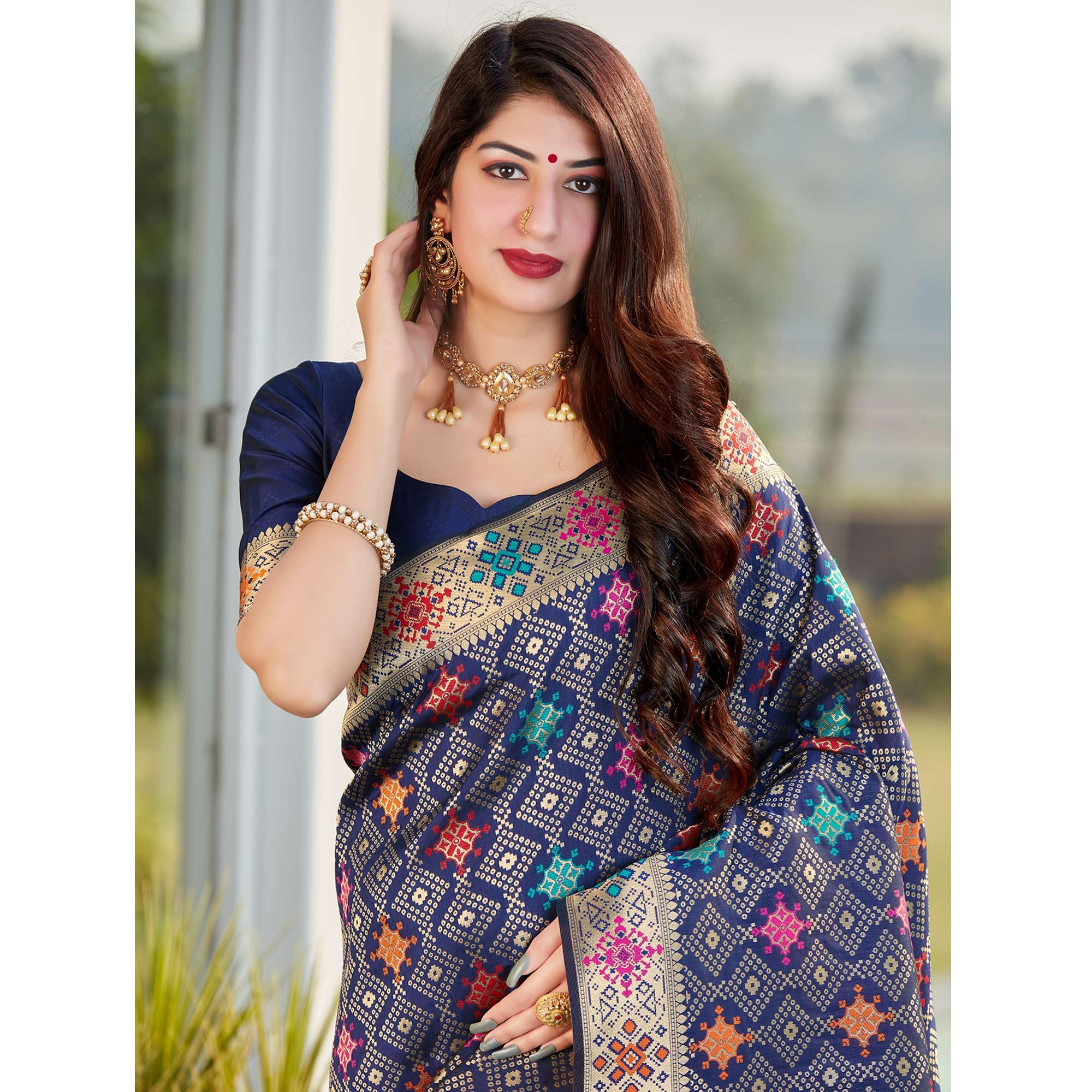 Jazzy Navy Blue Colored Festive Wear Woven Silk Saree - Peachmode