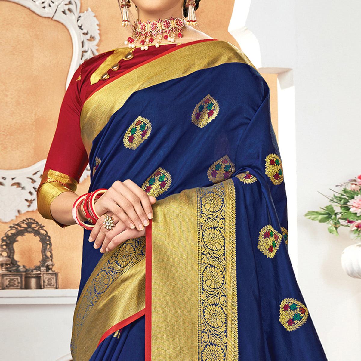 Jazzy Navy Blue Colored Festive Wear Woven Silk Saree - Peachmode