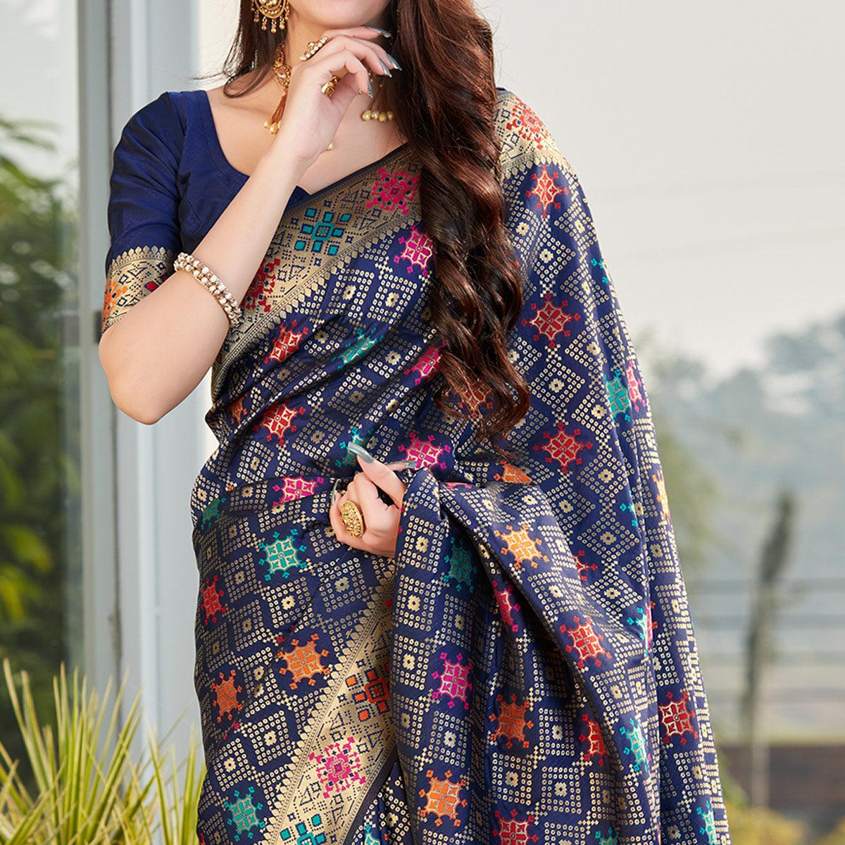 Jazzy Navy Blue Colored Festive Wear Woven Silk Saree - Peachmode