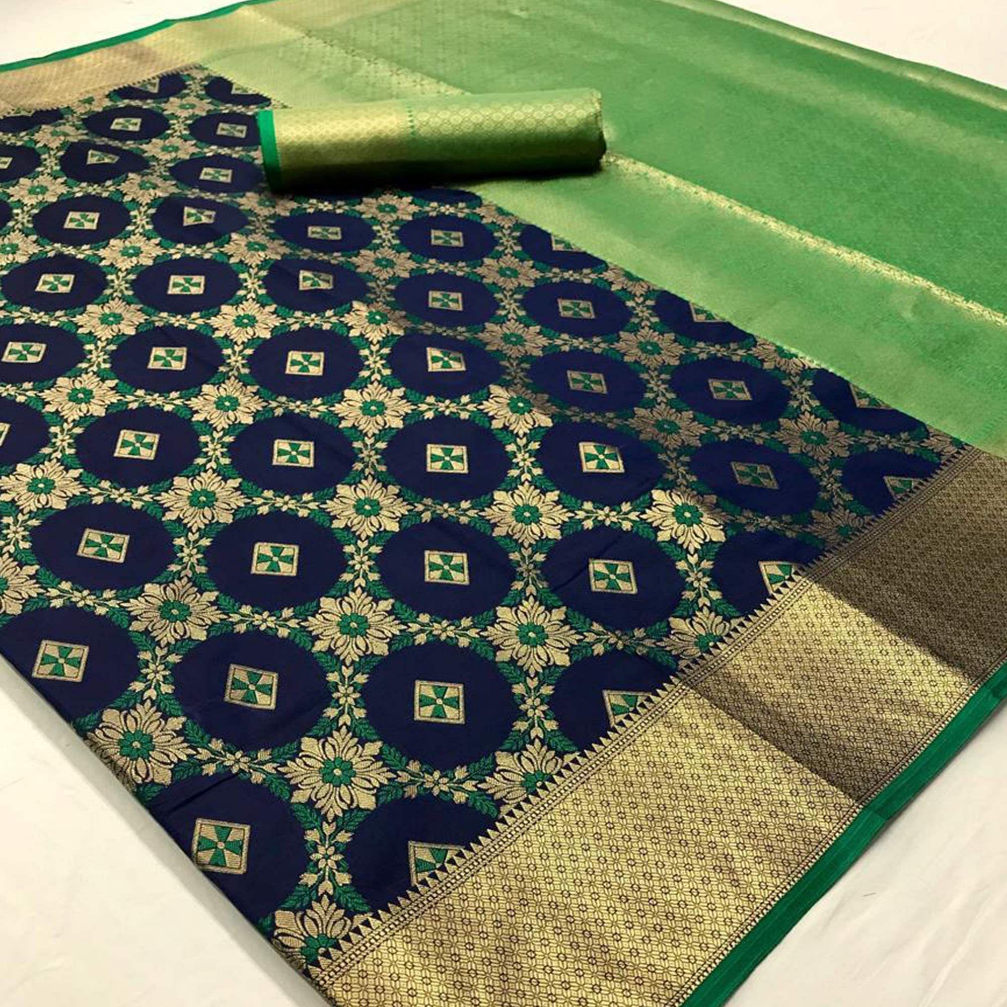 Jazzy Navy Blue Colored Festive Wear Woven Silk Saree - Peachmode