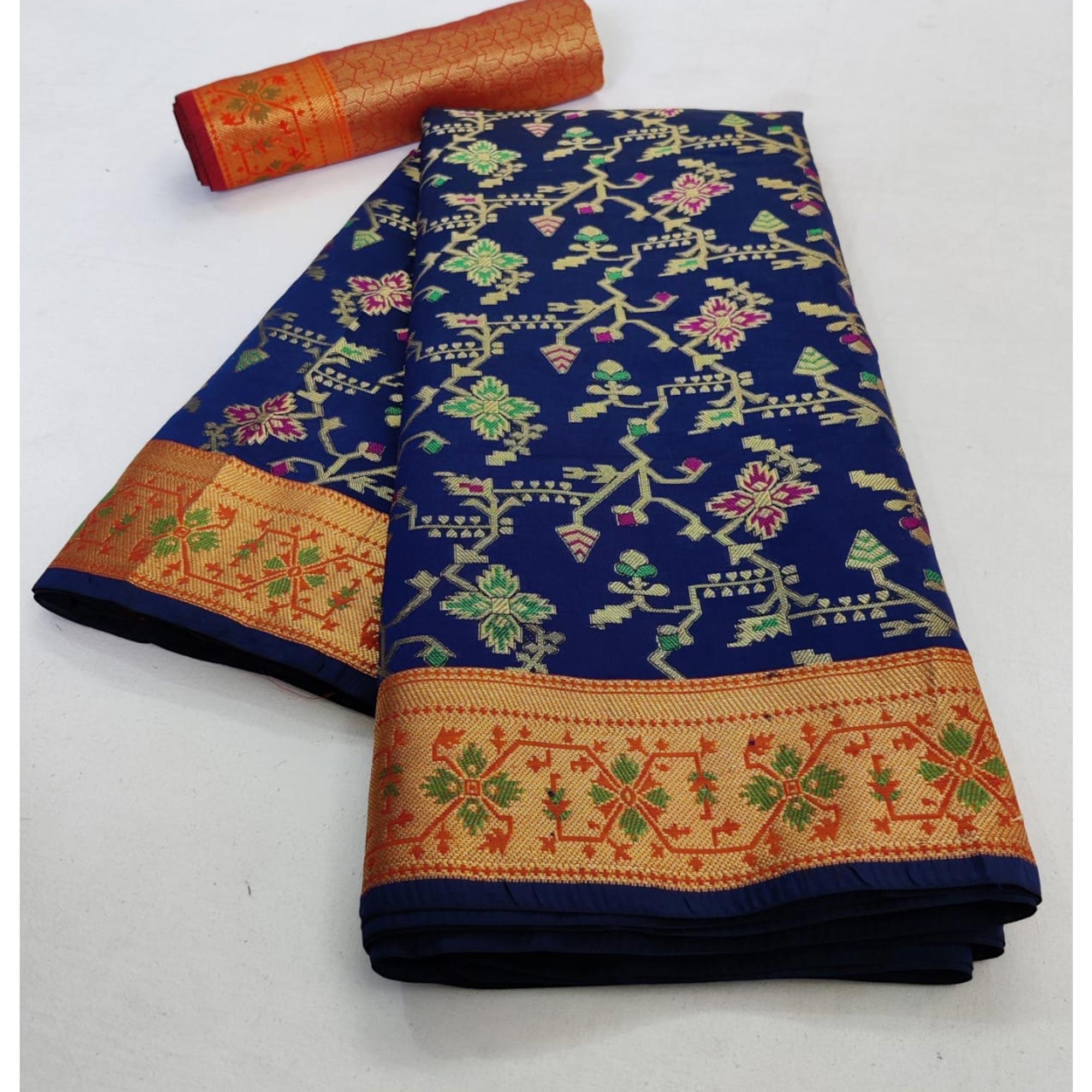 Jazzy Navy Blue Colored Festive Wear Woven Silk Saree - Peachmode