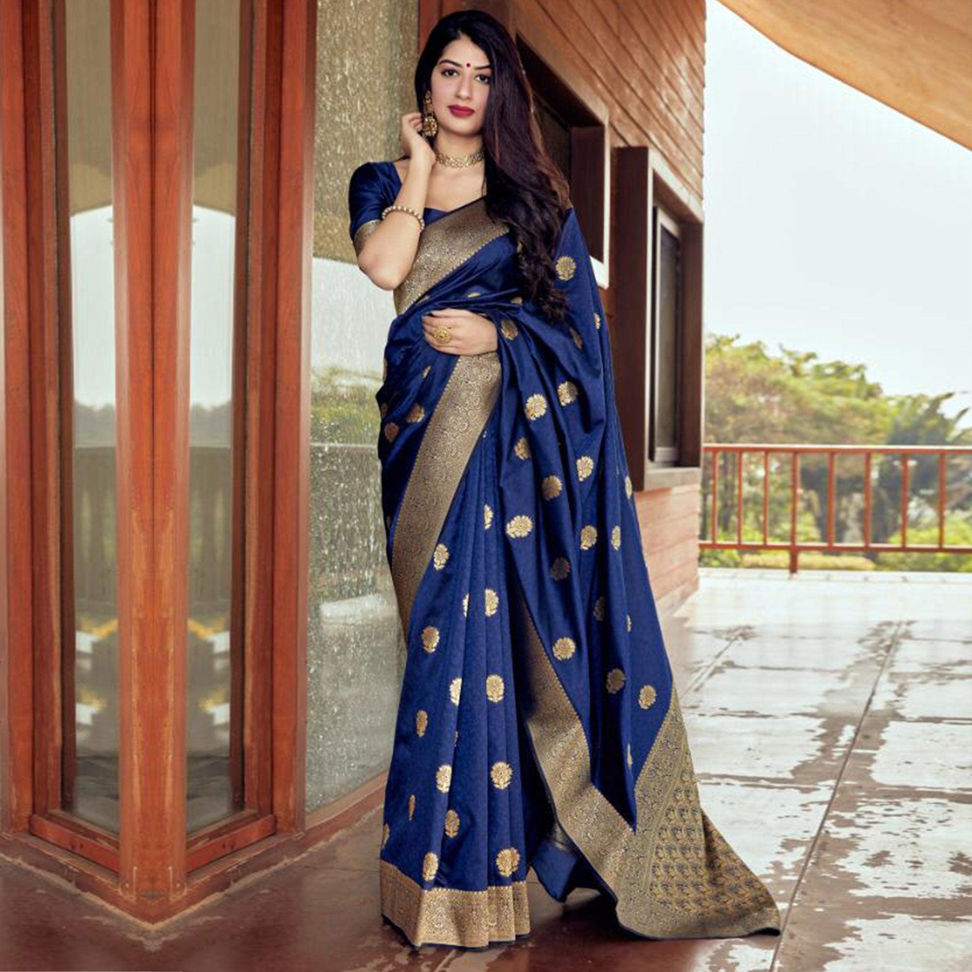 Jazzy Navy Blue Coloured Partywear Woven Silk Saree - Peachmode