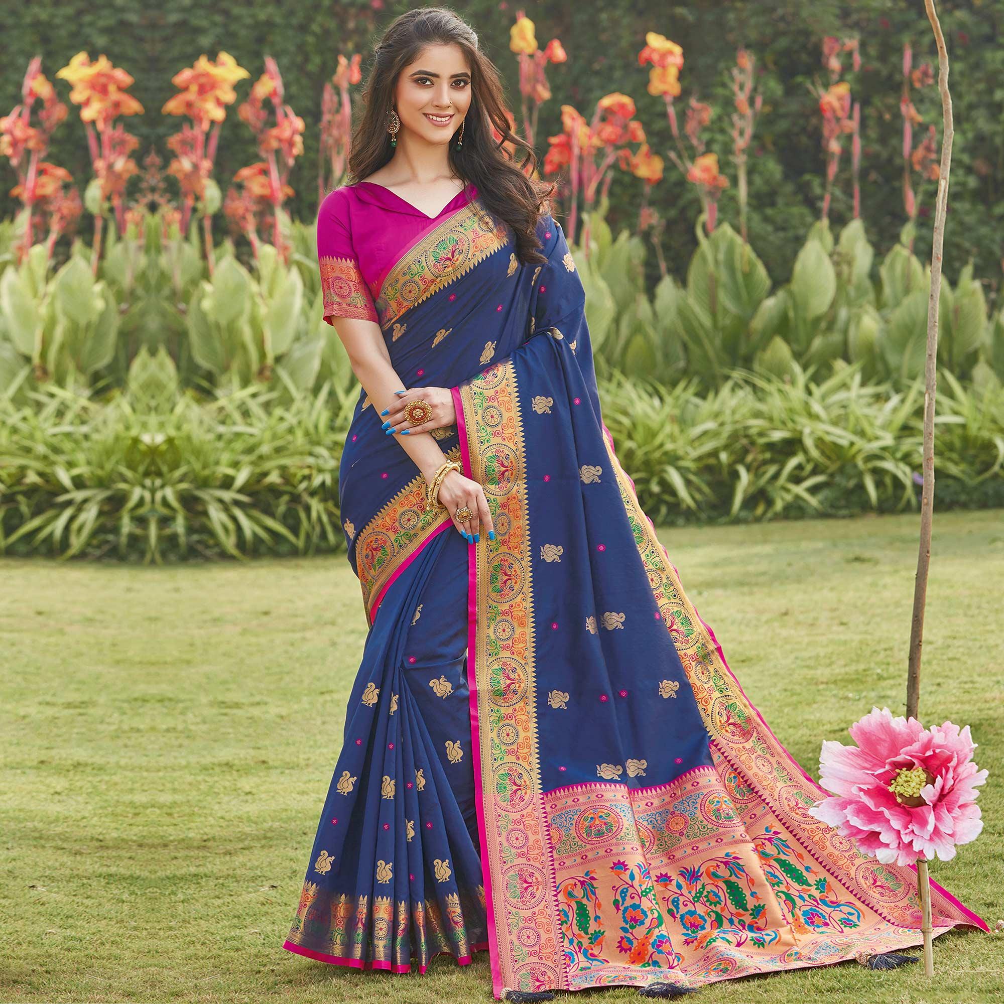 Jazzy Navy Blue Coloured Partywear Woven Silk Saree - Peachmode