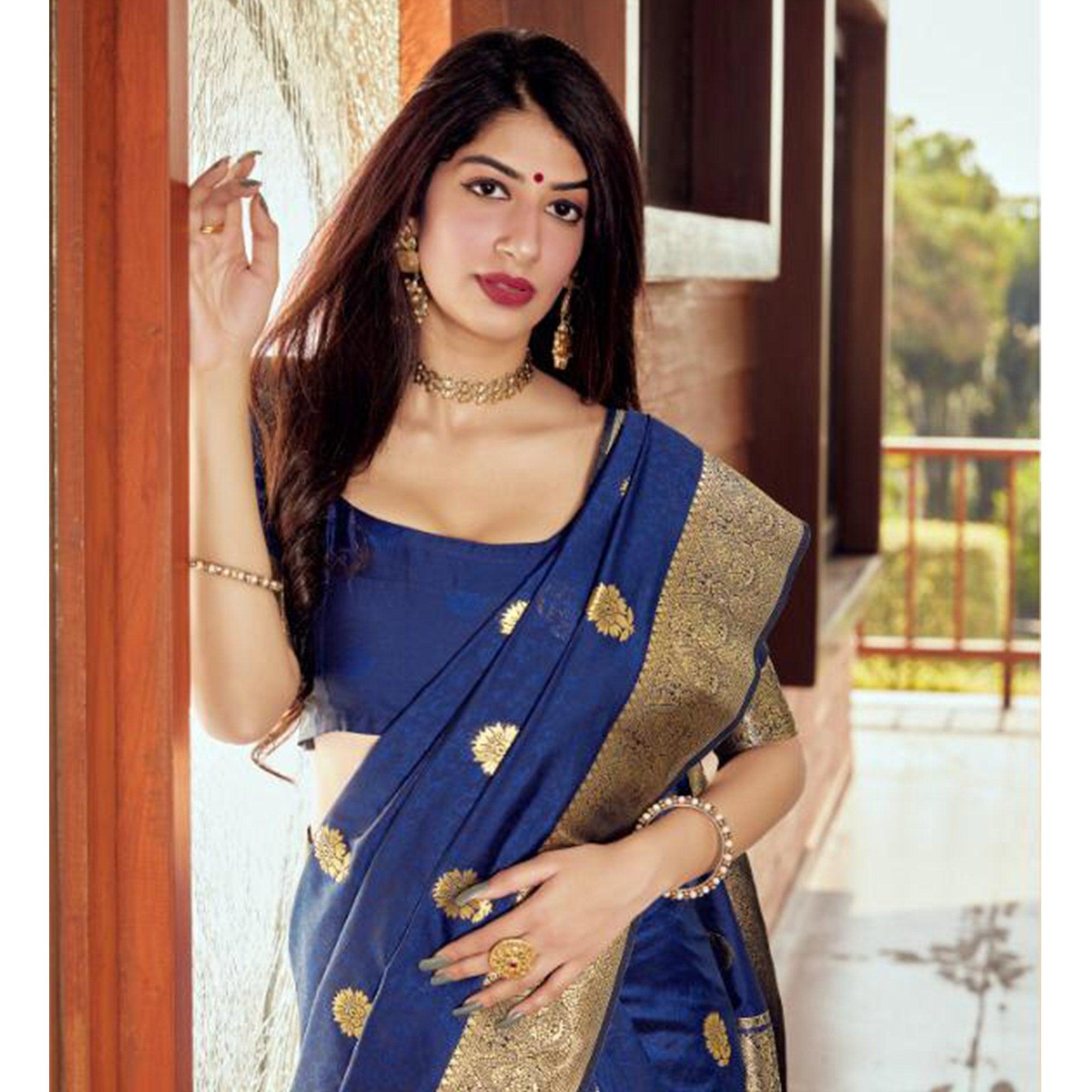 Jazzy Navy Blue Coloured Partywear Woven Silk Saree - Peachmode