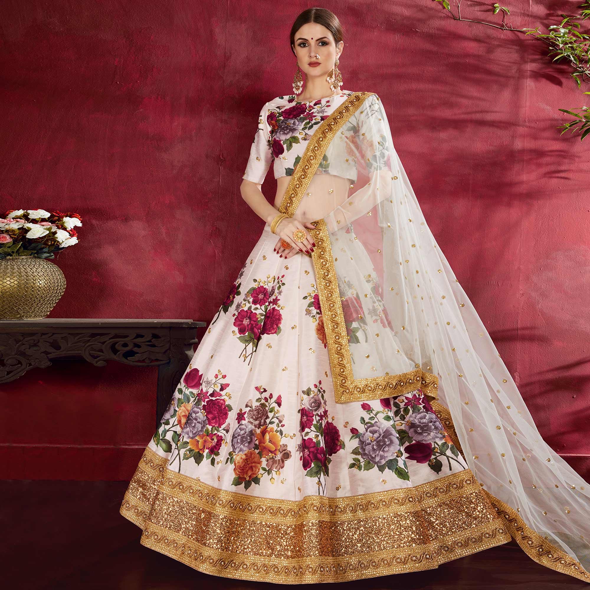 Jazzy Off-White Colored Partywear Digital Printed-Embroidered Art Silk Lehenga Choli - Peachmode