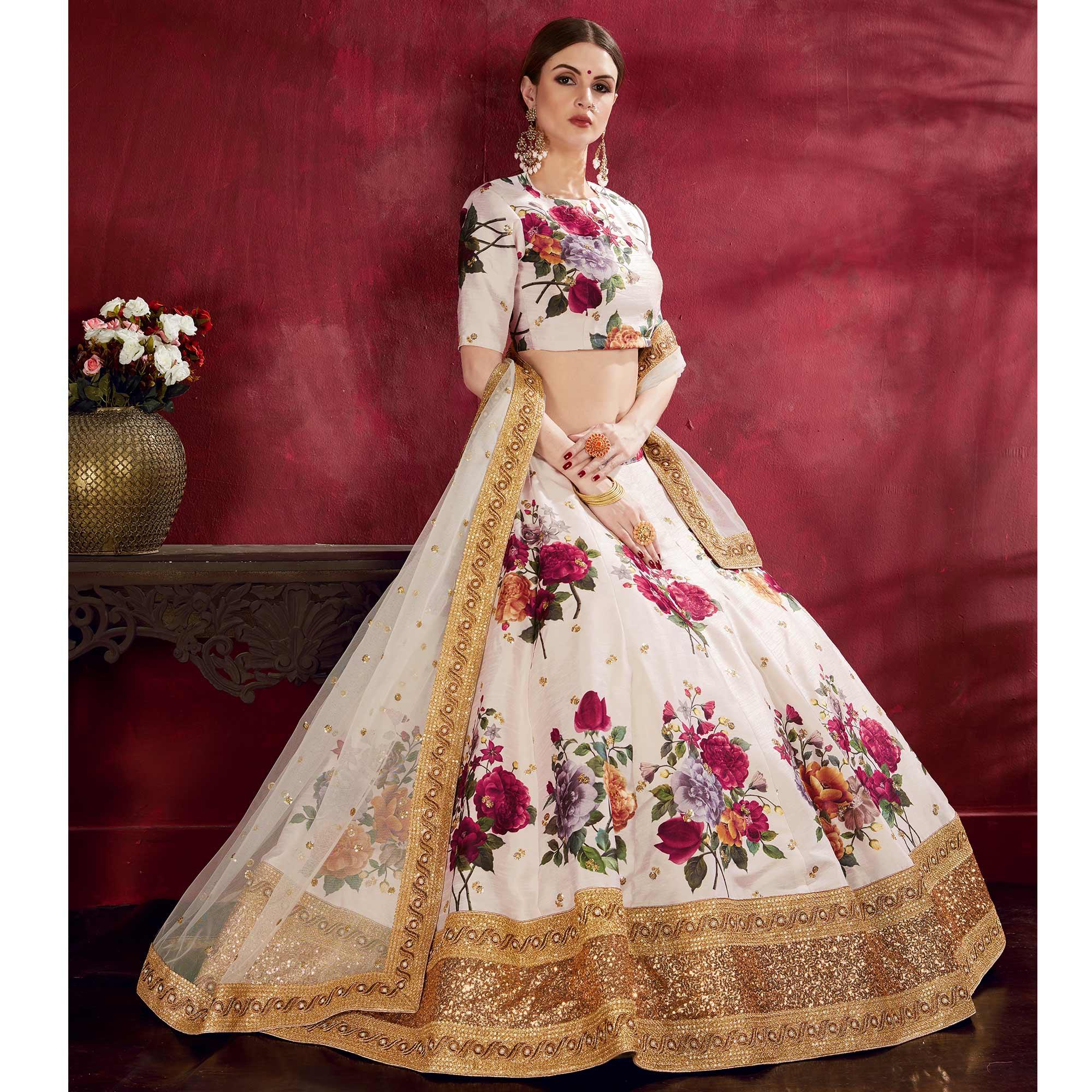 Jazzy Off-White Colored Partywear Digital Printed-Embroidered Art Silk Lehenga Choli - Peachmode
