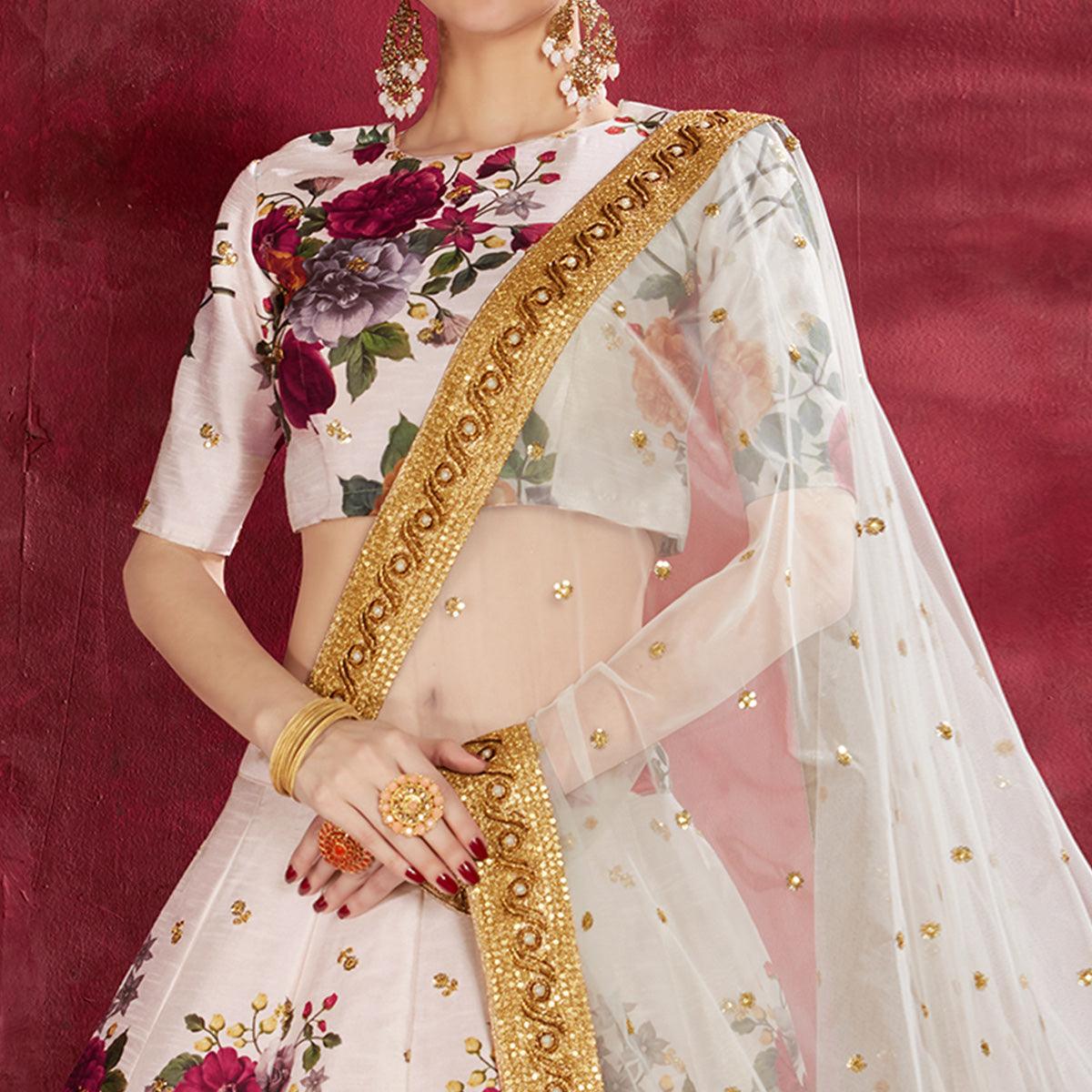 Jazzy Off-White Colored Partywear Digital Printed-Embroidered Art Silk Lehenga Choli - Peachmode