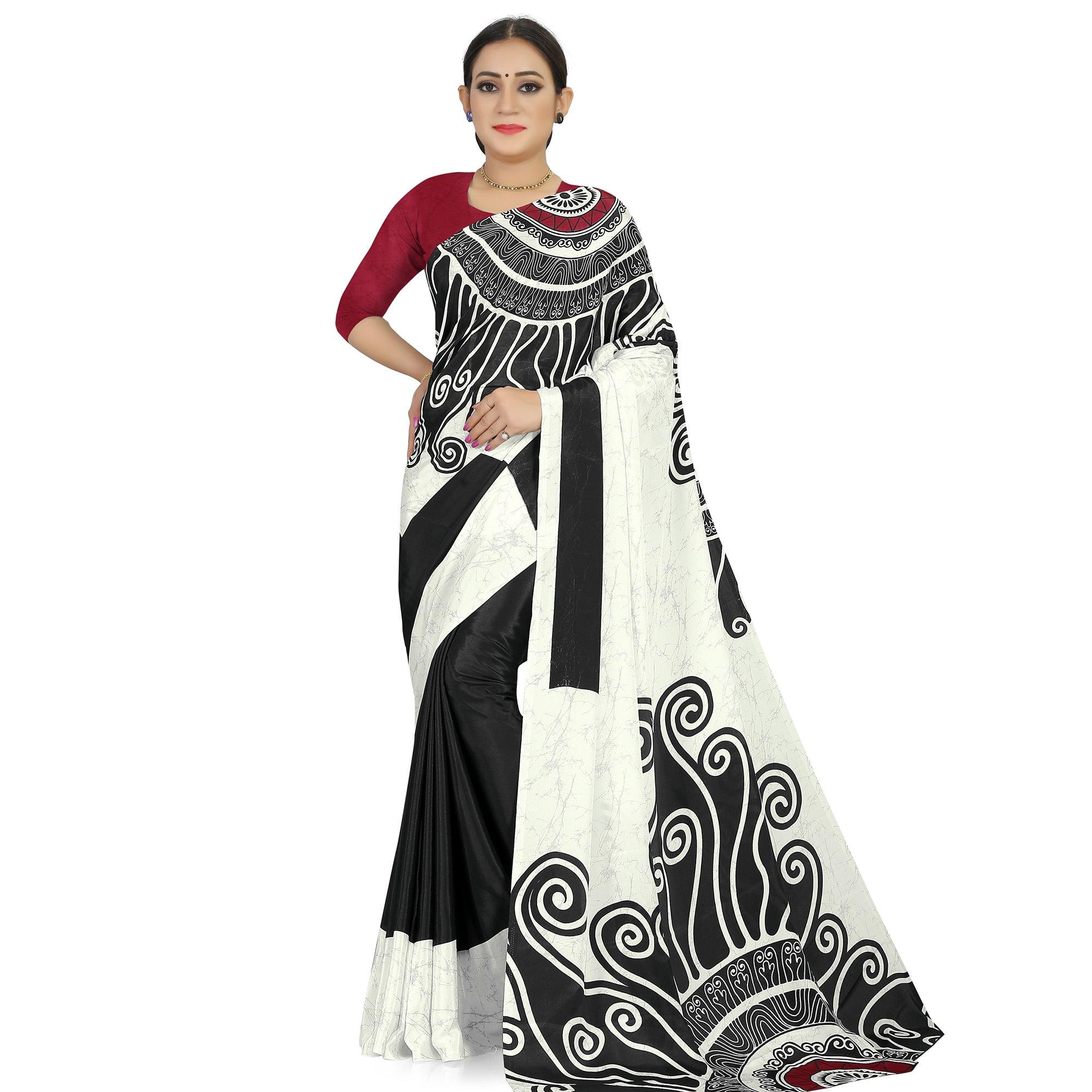 Jazzy Offwhite -Black Colored Casual Wear Printed Satin Saree - Peachmode