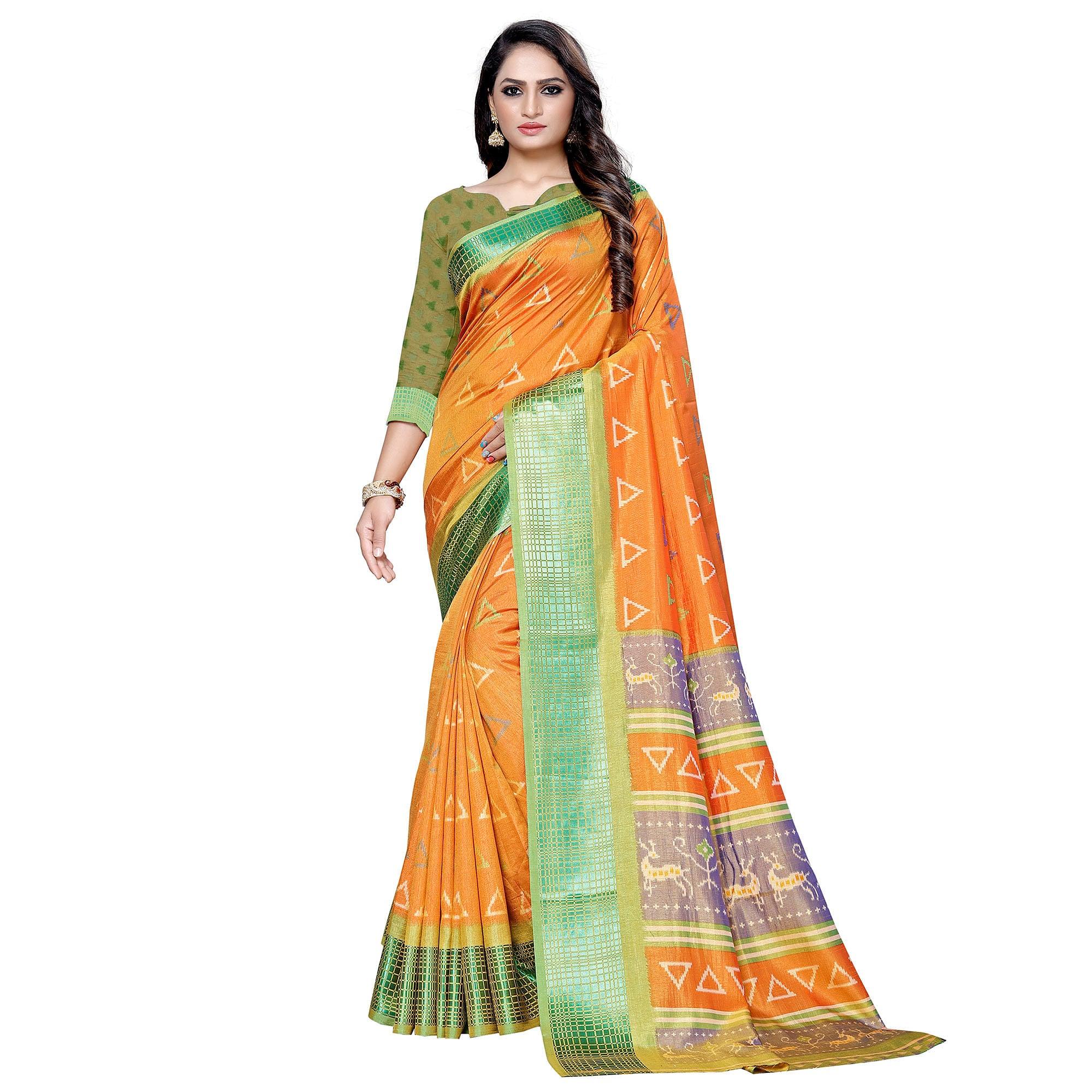 Jazzy Orange Colored Casual Printed Art Silk Saree - Peachmode