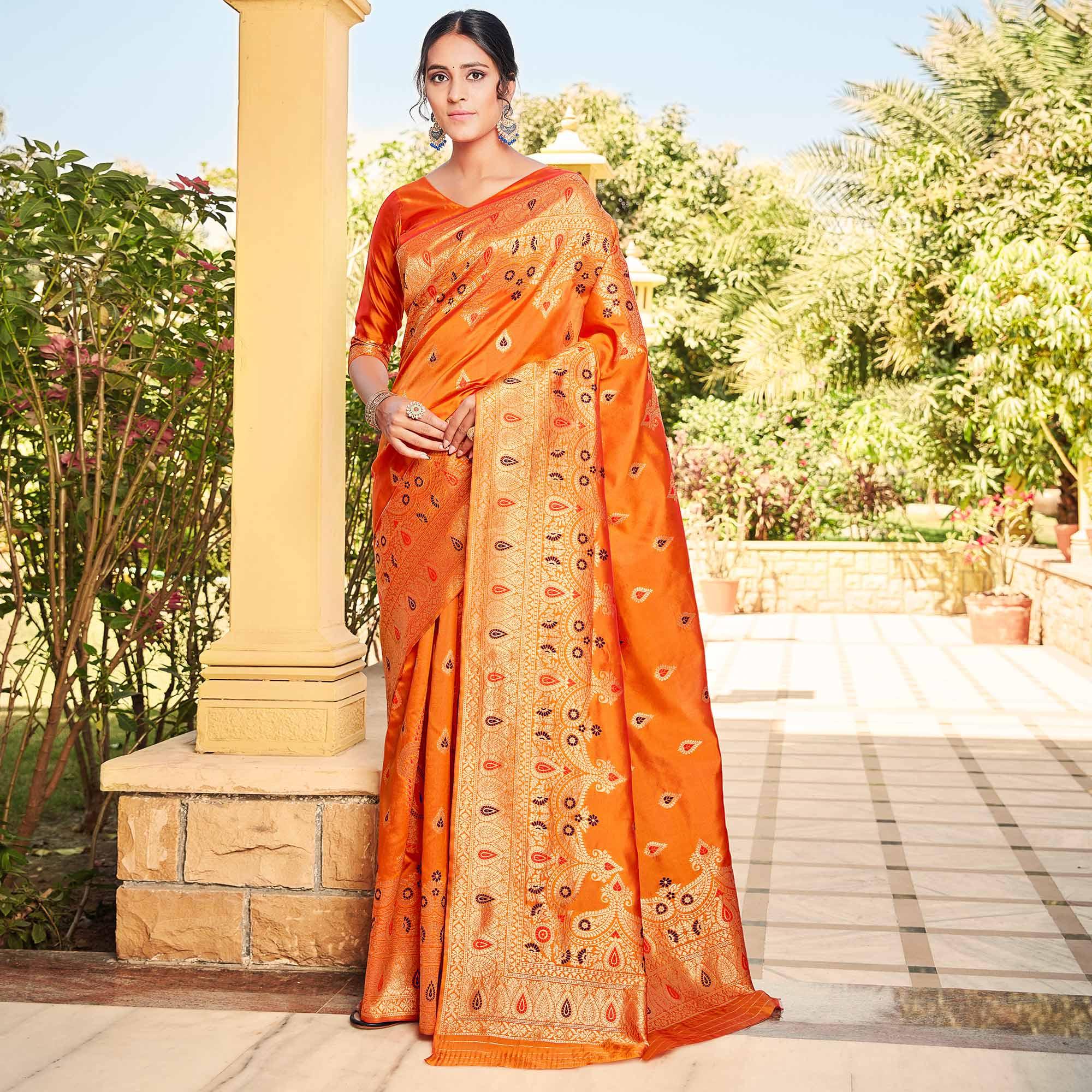Jazzy Orange Coloured Designer Partywear Weaving Silk Saree - Peachmode