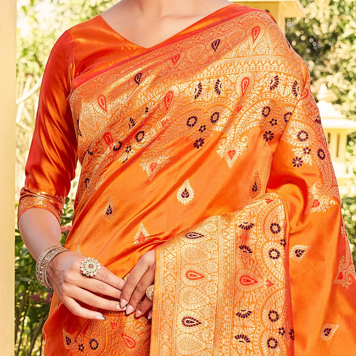 Jazzy Orange Coloured Designer Partywear Weaving Silk Saree - Peachmode