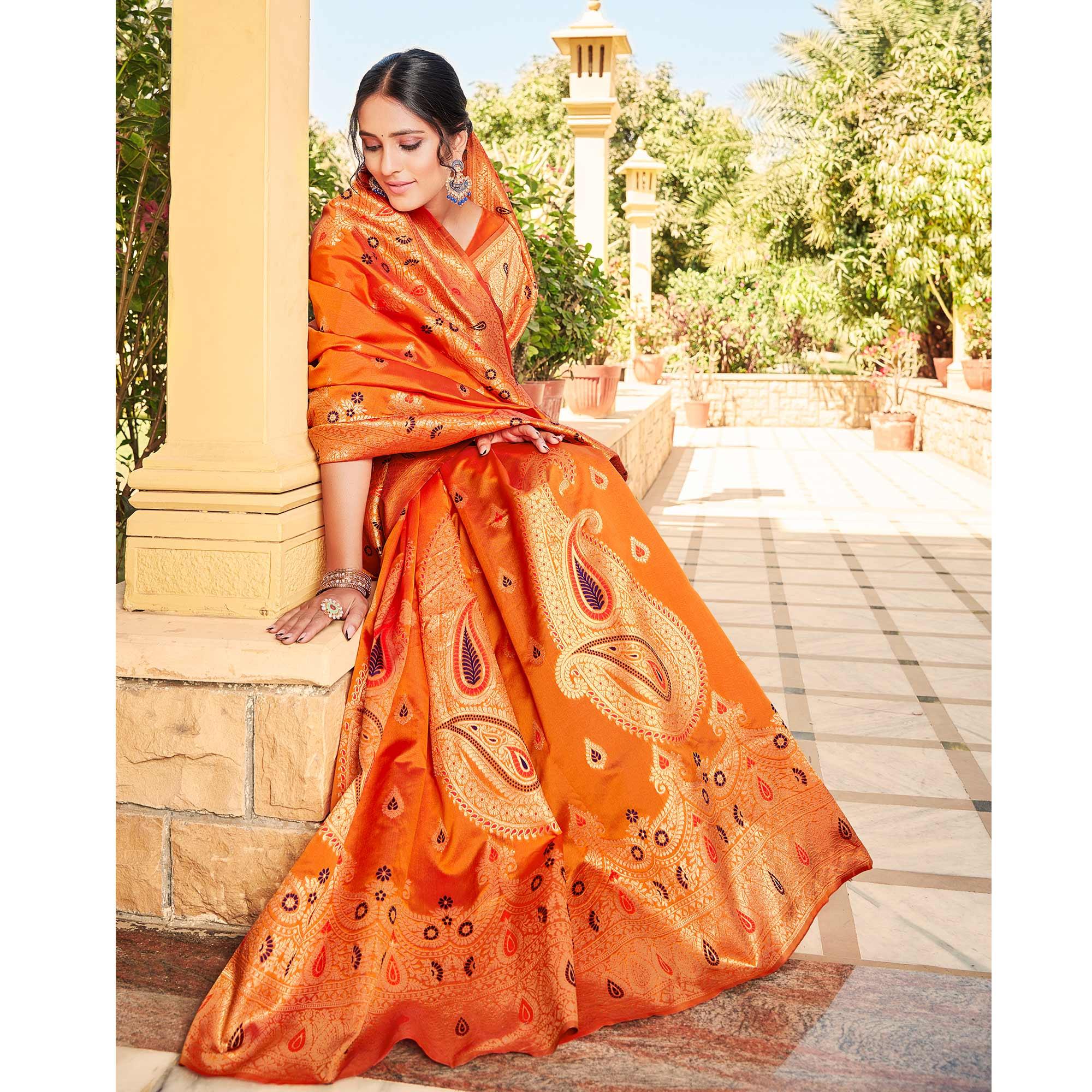 Jazzy Orange Coloured Designer Partywear Weaving Silk Saree - Peachmode
