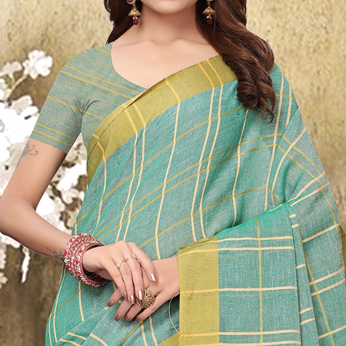 Jazzy Pastel Aqua Blue Colored Festive Wear Checks Print Pure Linen Saree - Peachmode