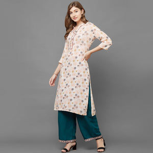Jazzy Peach Colored Casual Printed Cotton Kurti-Palazzo Set - Peachmode