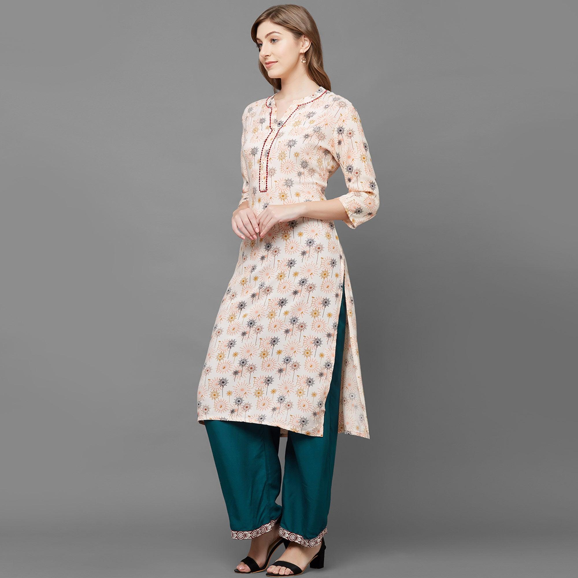 Jazzy Peach Colored Casual Printed Cotton Kurti-Palazzo Set - Peachmode