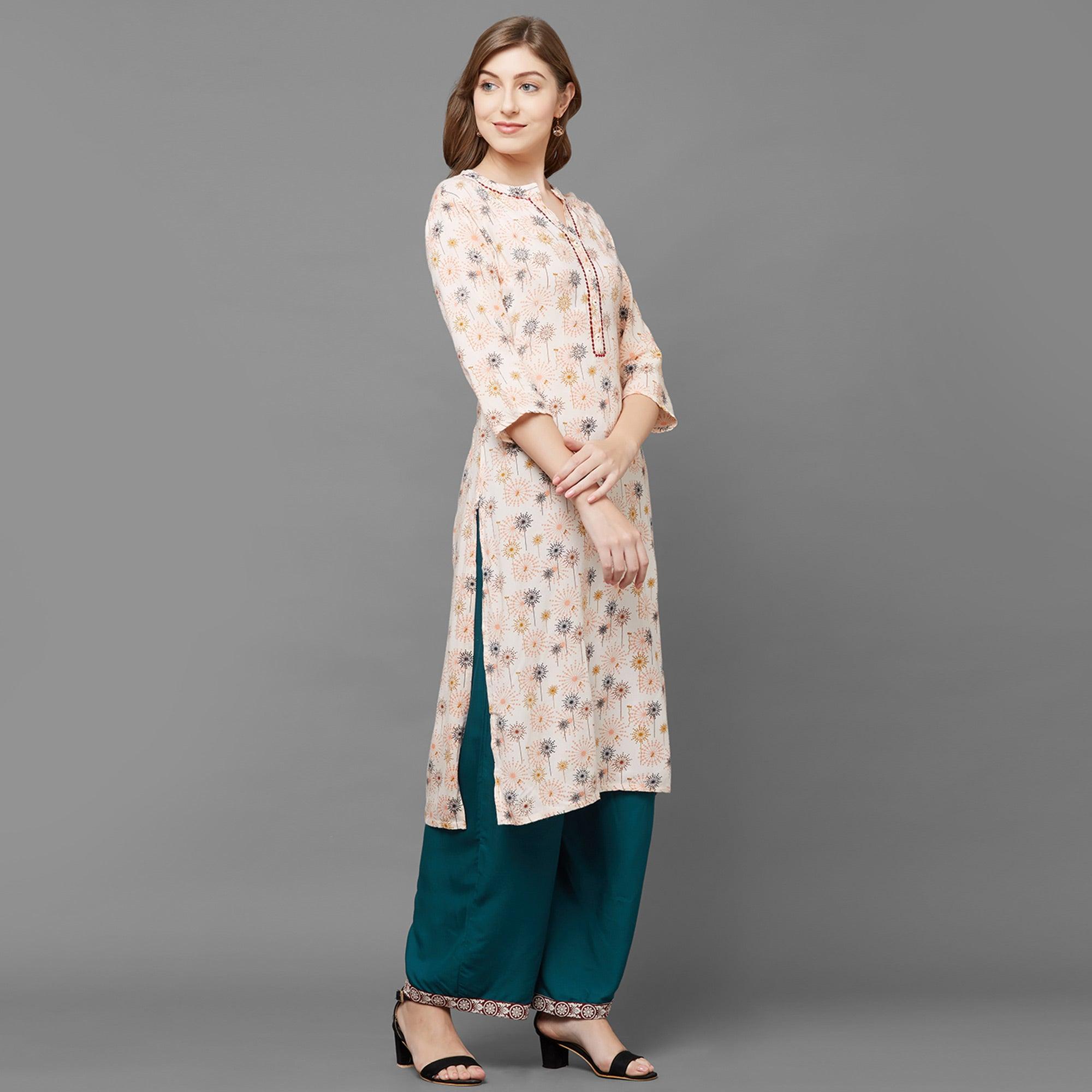 Jazzy Peach Colored Casual Printed Cotton Kurti-Palazzo Set - Peachmode