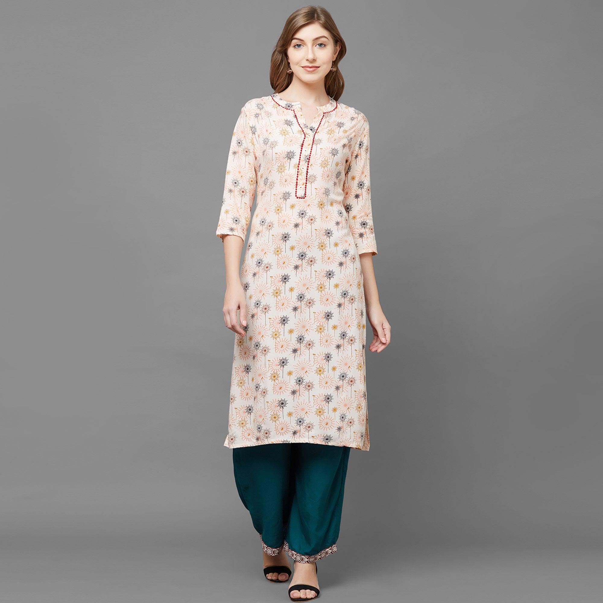 Jazzy Peach Colored Casual Printed Cotton Kurti-Palazzo Set - Peachmode
