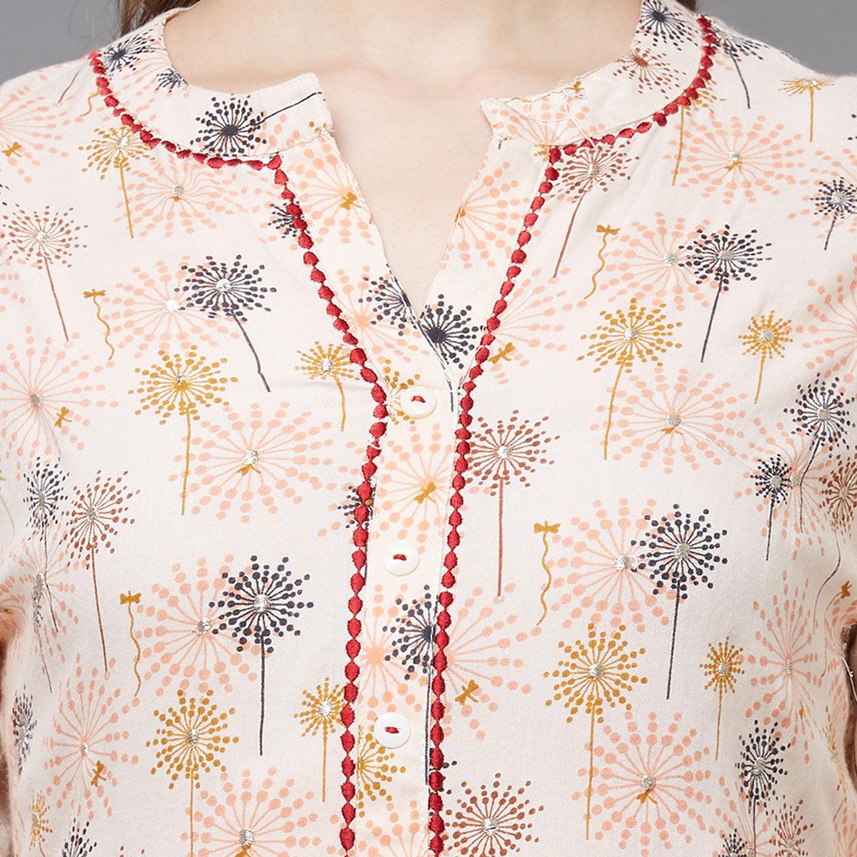 Jazzy Peach Colored Casual Printed Cotton Kurti-Palazzo Set - Peachmode