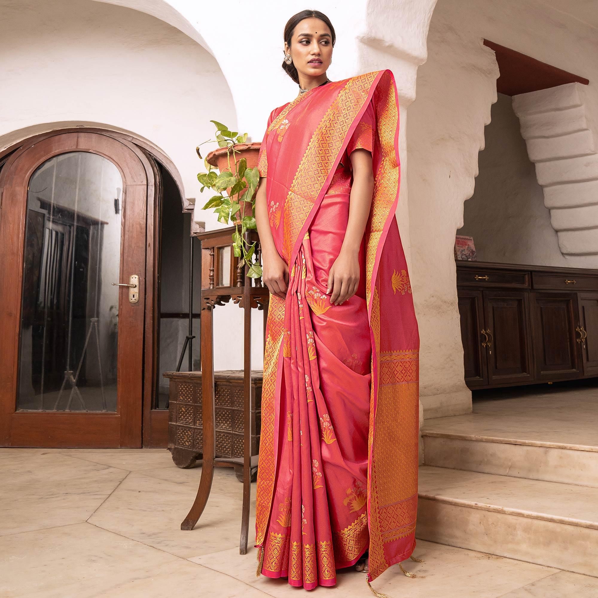Jazzy Peach Colored Festive Wear Woven Soft Silk Saree - Peachmode