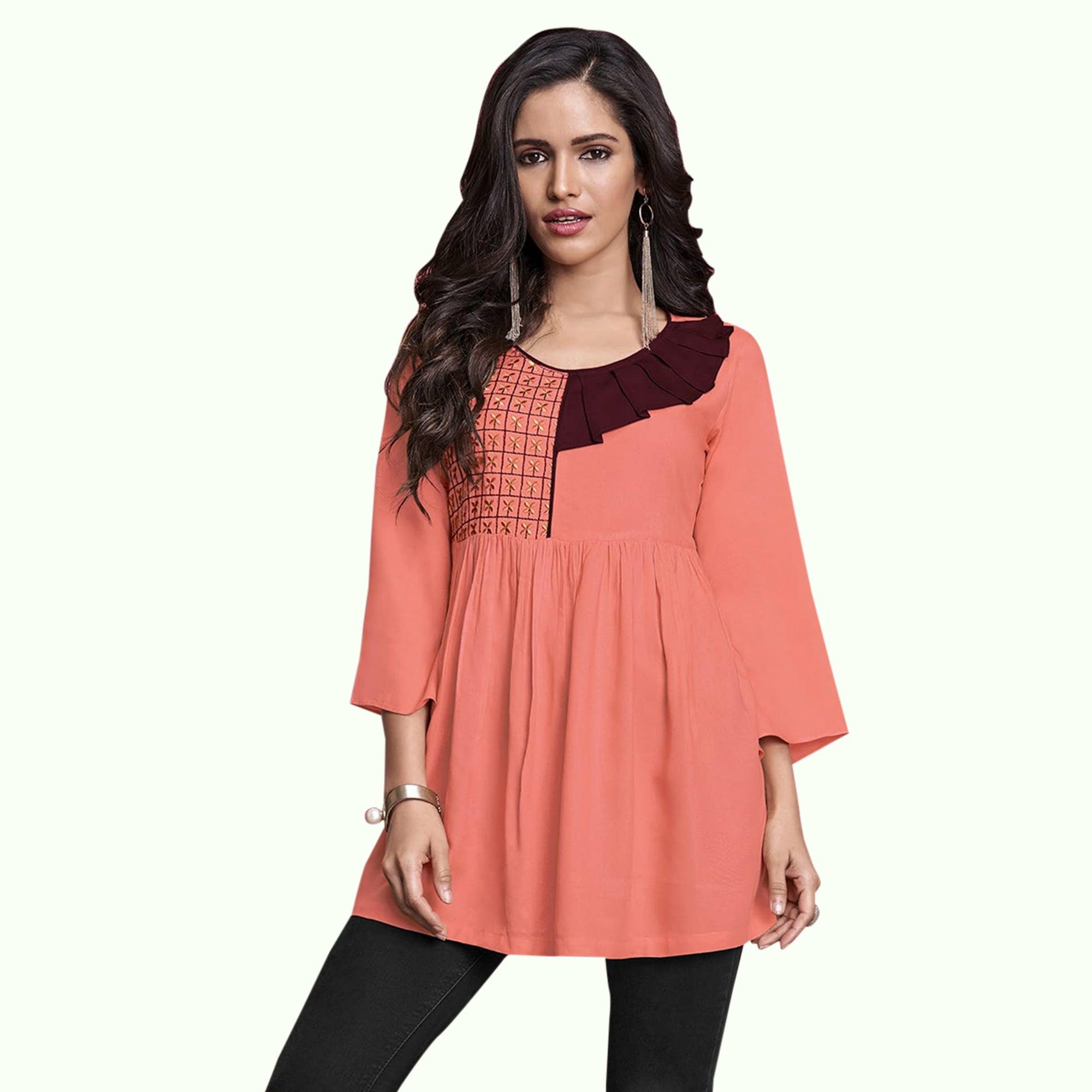 Jazzy Peach Colored Partywear Embroidered Rayon Western Top - Peachmode