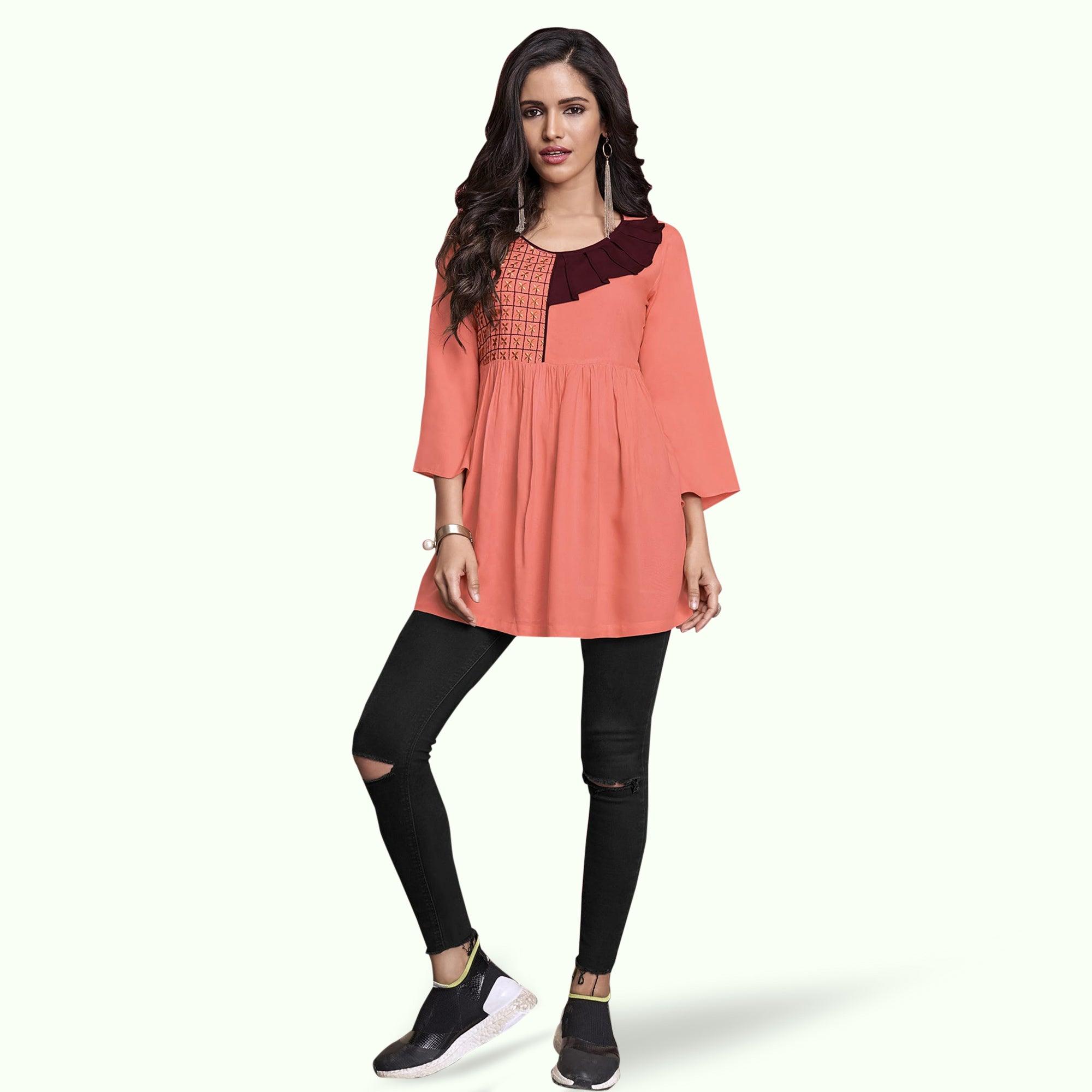 Jazzy Peach Colored Partywear Embroidered Rayon Western Top - Peachmode