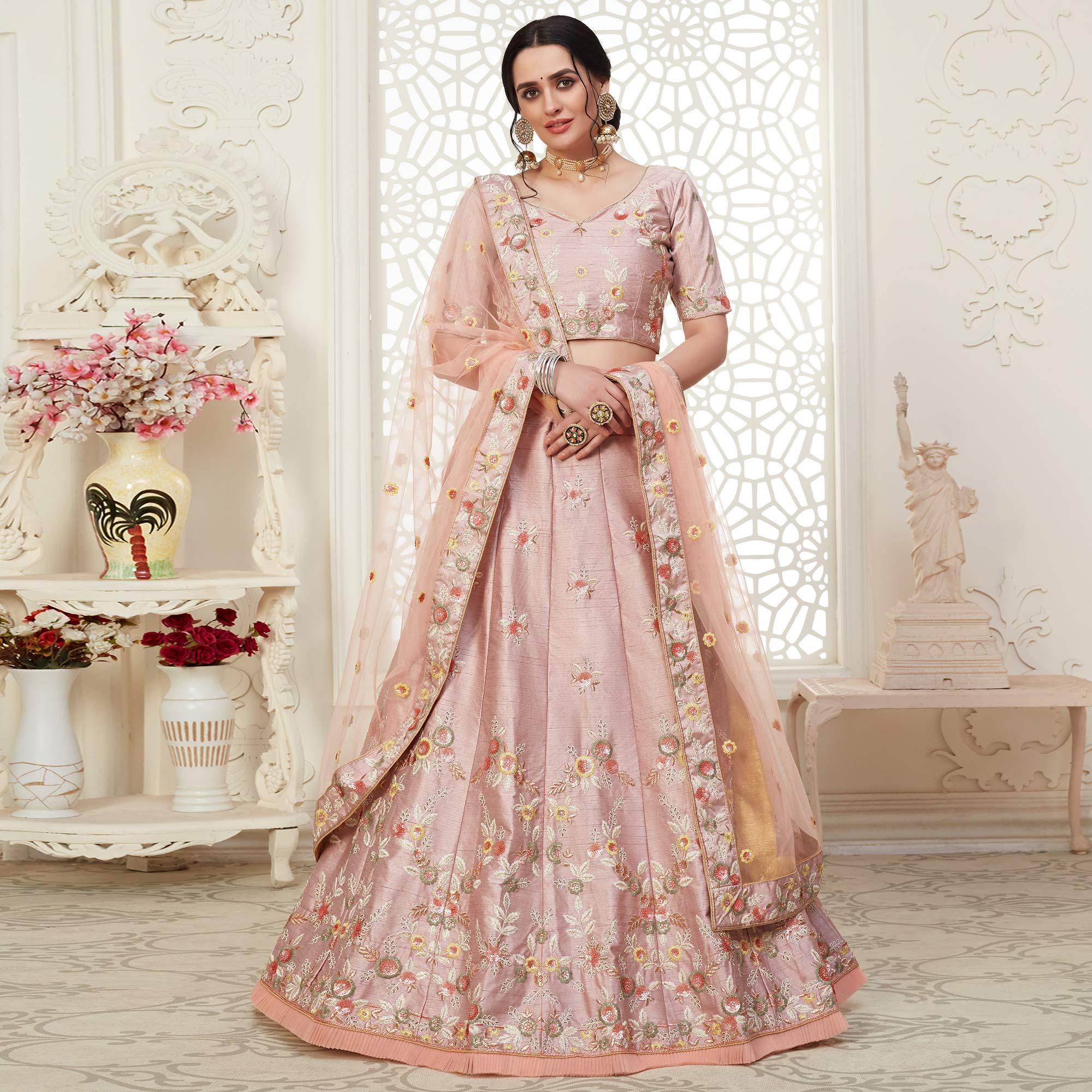 Jazzy Piggy Pink Colored Cording Thread & Sequence Embroidery Designer Wedding Wear Net With Mulberry Silk  Lehenga Choli - Peachmode