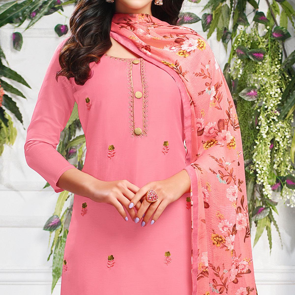 Jazzy Pink Colored Casual Wear Embroidered Chanderi Dress Material - Peachmode
