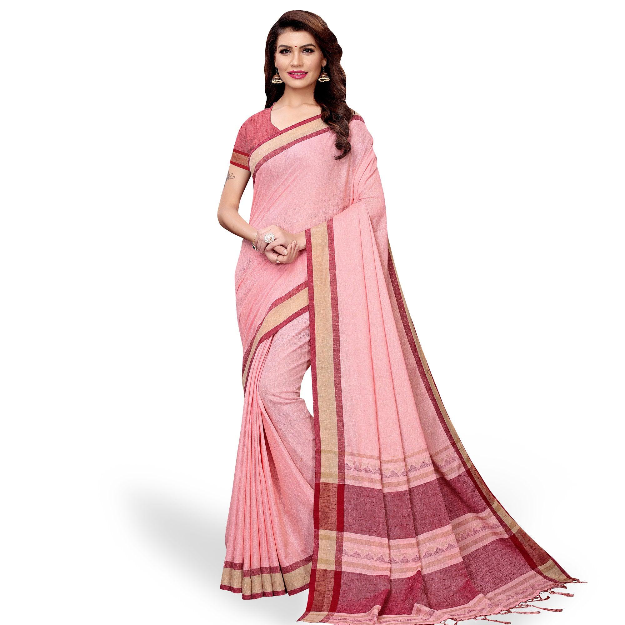 Jazzy Pink Colored Casual Wear Linen Saree - Peachmode