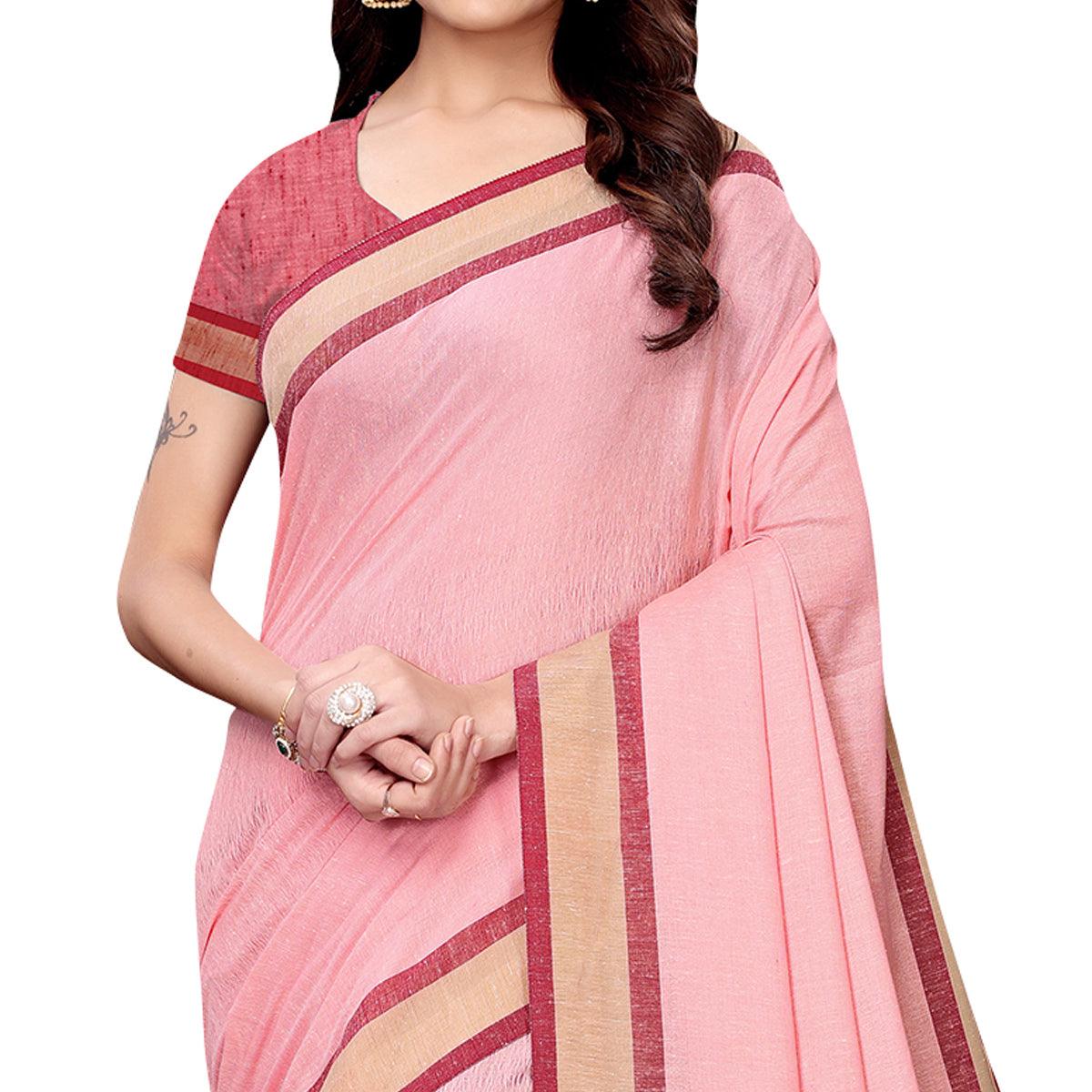 Jazzy Pink Colored Casual Wear Linen Saree - Peachmode